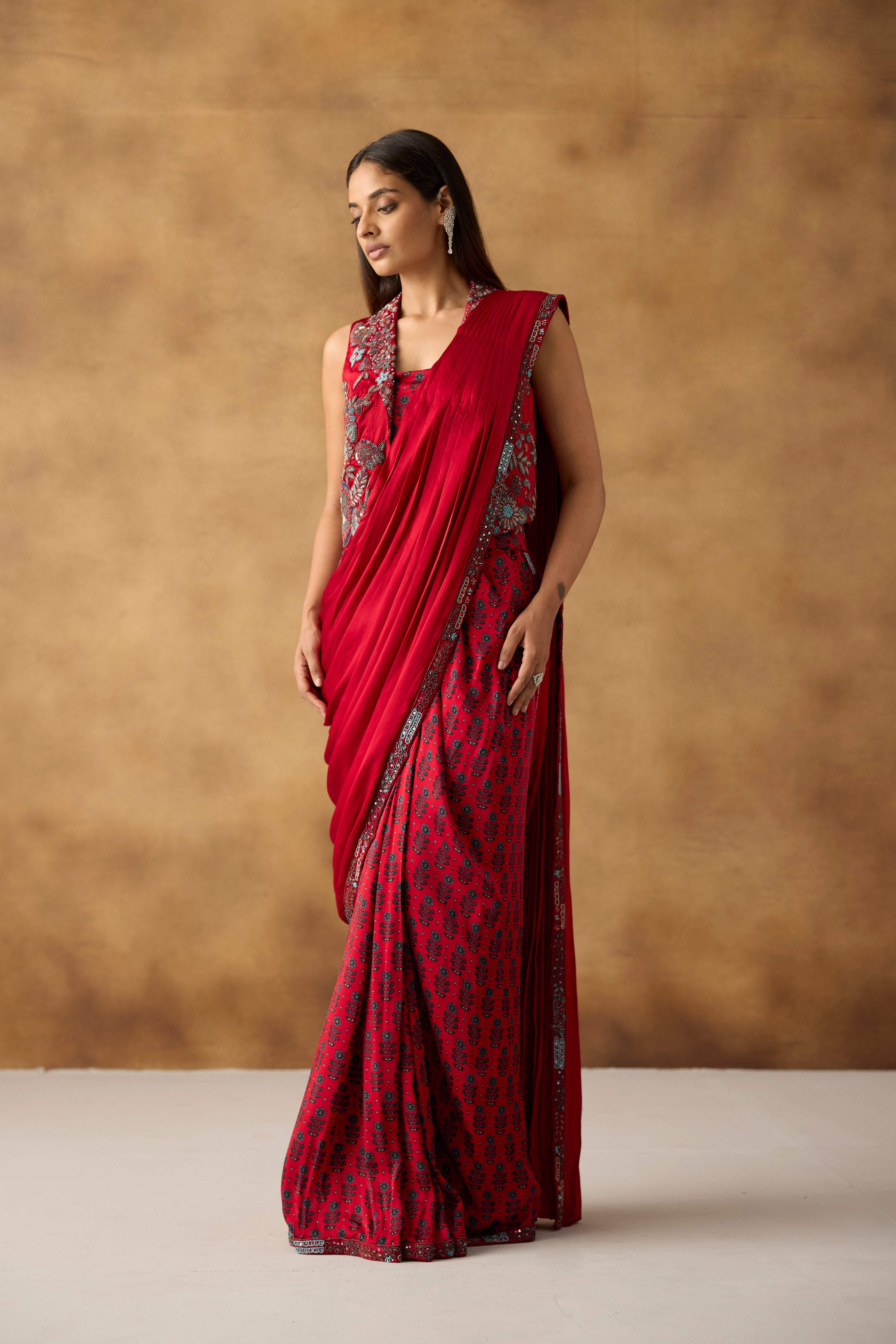 Sangria Red Embellished Crepe Silk Draped Saree