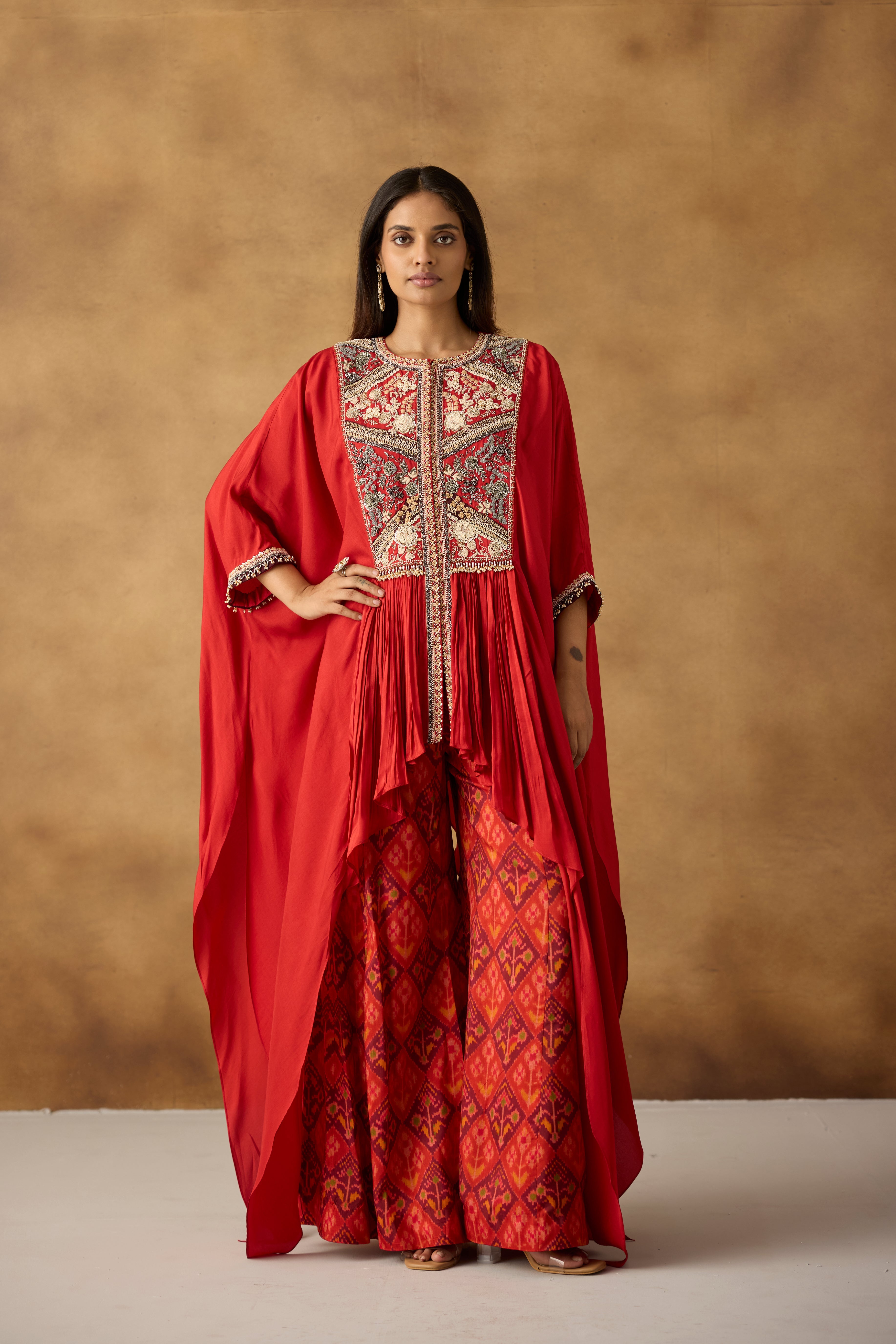 Vermilion Orange Embellished Crepe Silk Kaftan Set