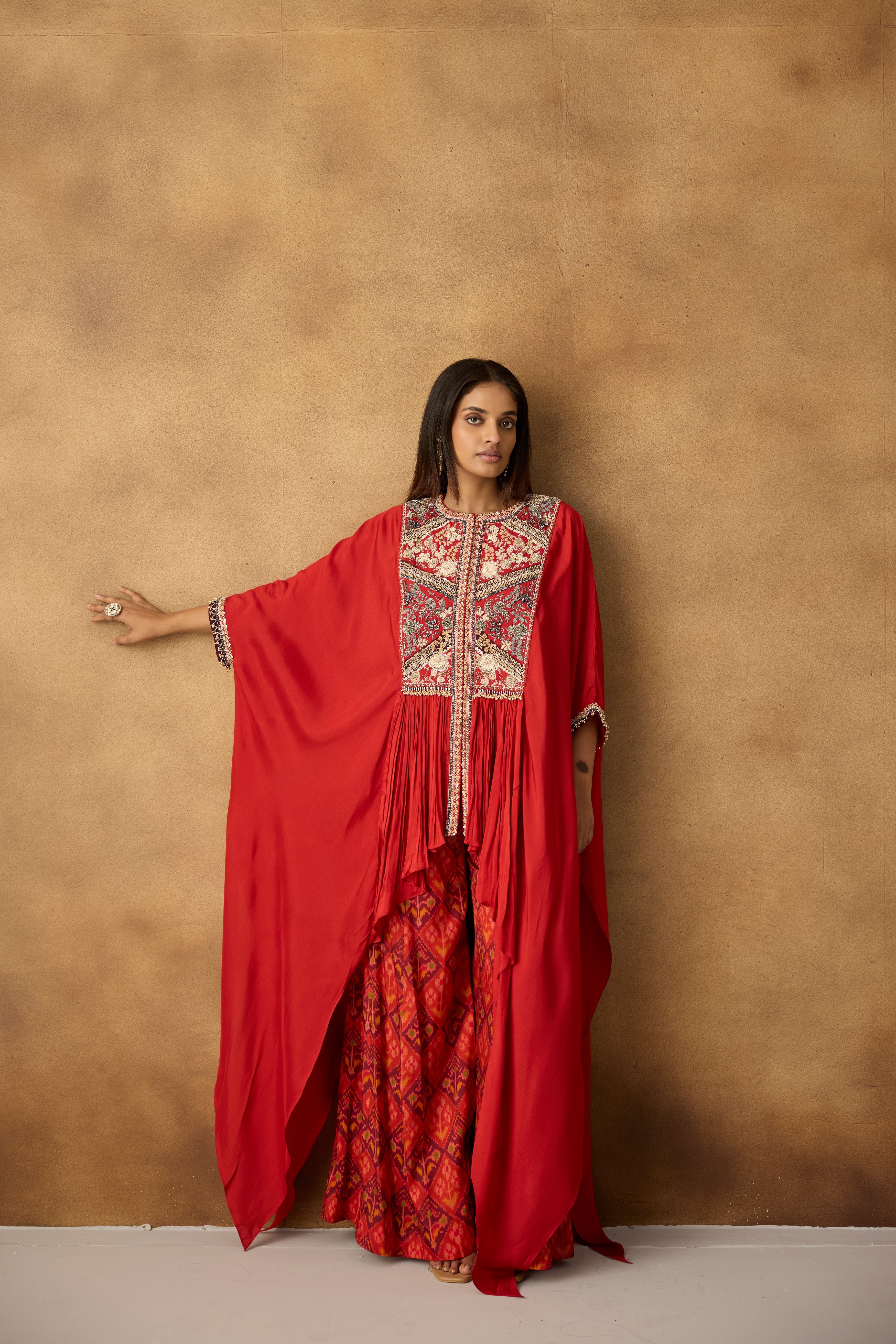 Vermilion Orange Embellished Crepe Silk Kaftan Set