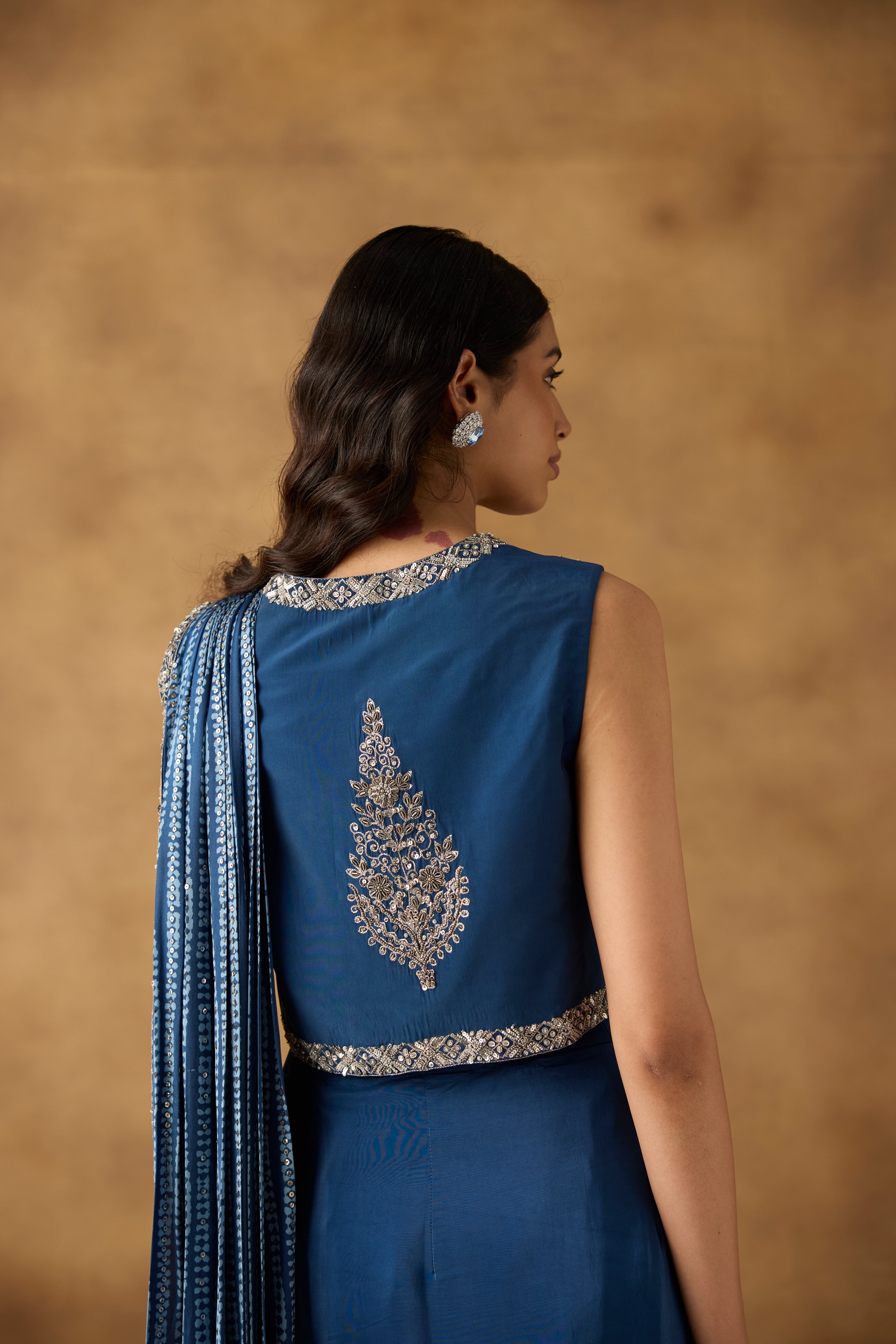 Riviera Blue Embellished Crepe Draped Skirt Saree