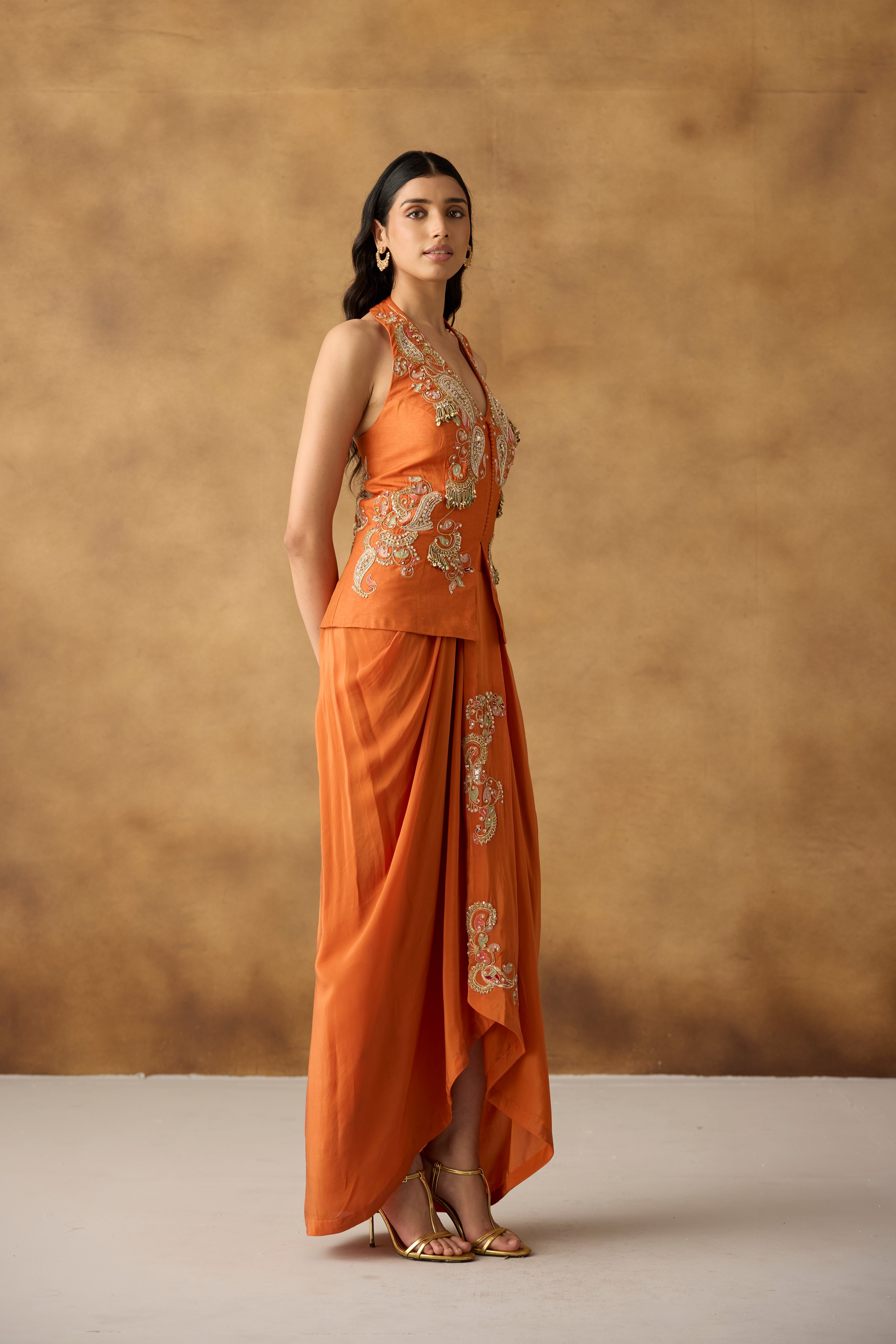 Vibrant Orange Embellished Crepe Satin Silk Skirt Set