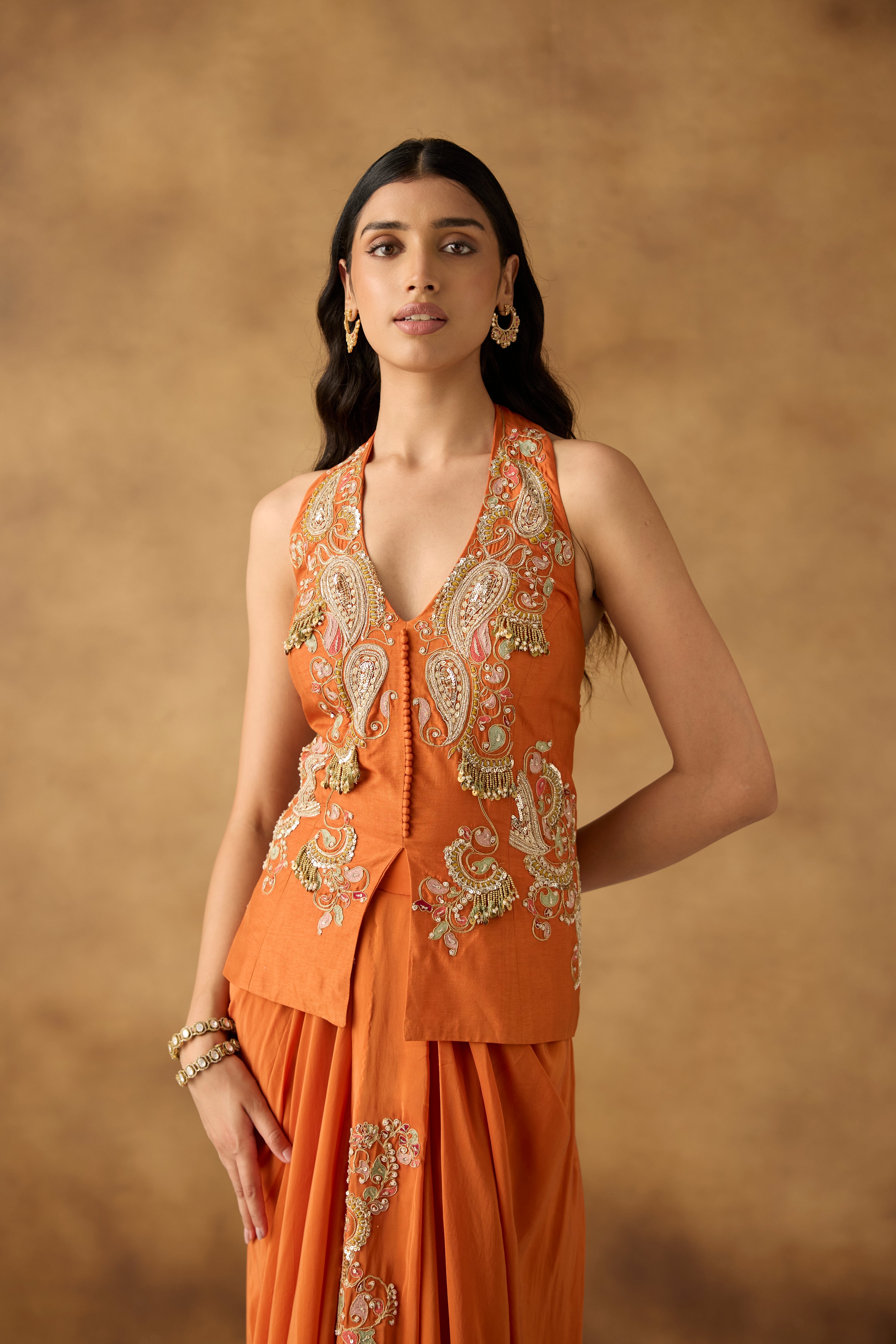 Vibrant Orange Embellished Crepe Satin Silk Skirt Set