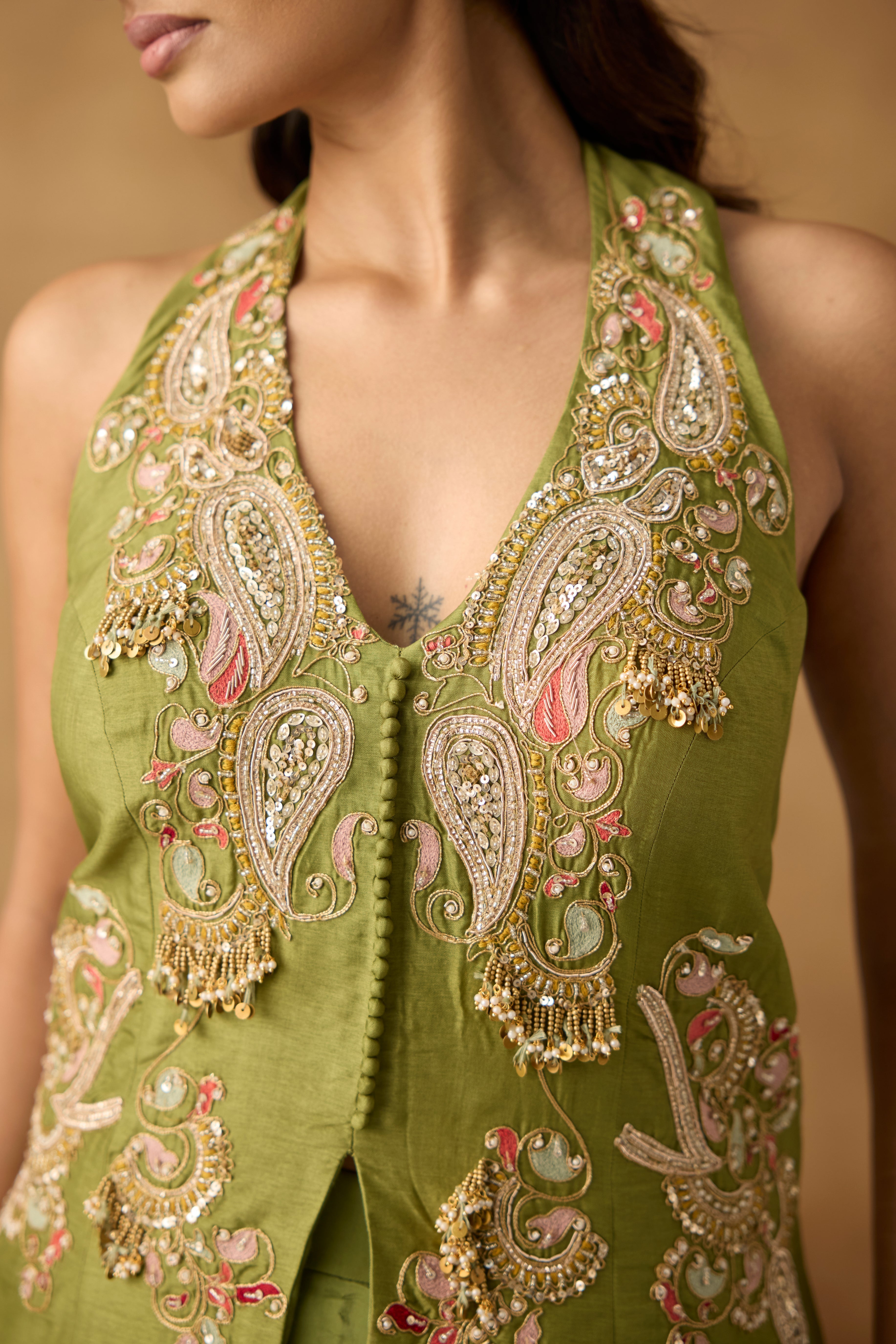 Fern Green Embellished Crepe Satin Silk Skirt Set