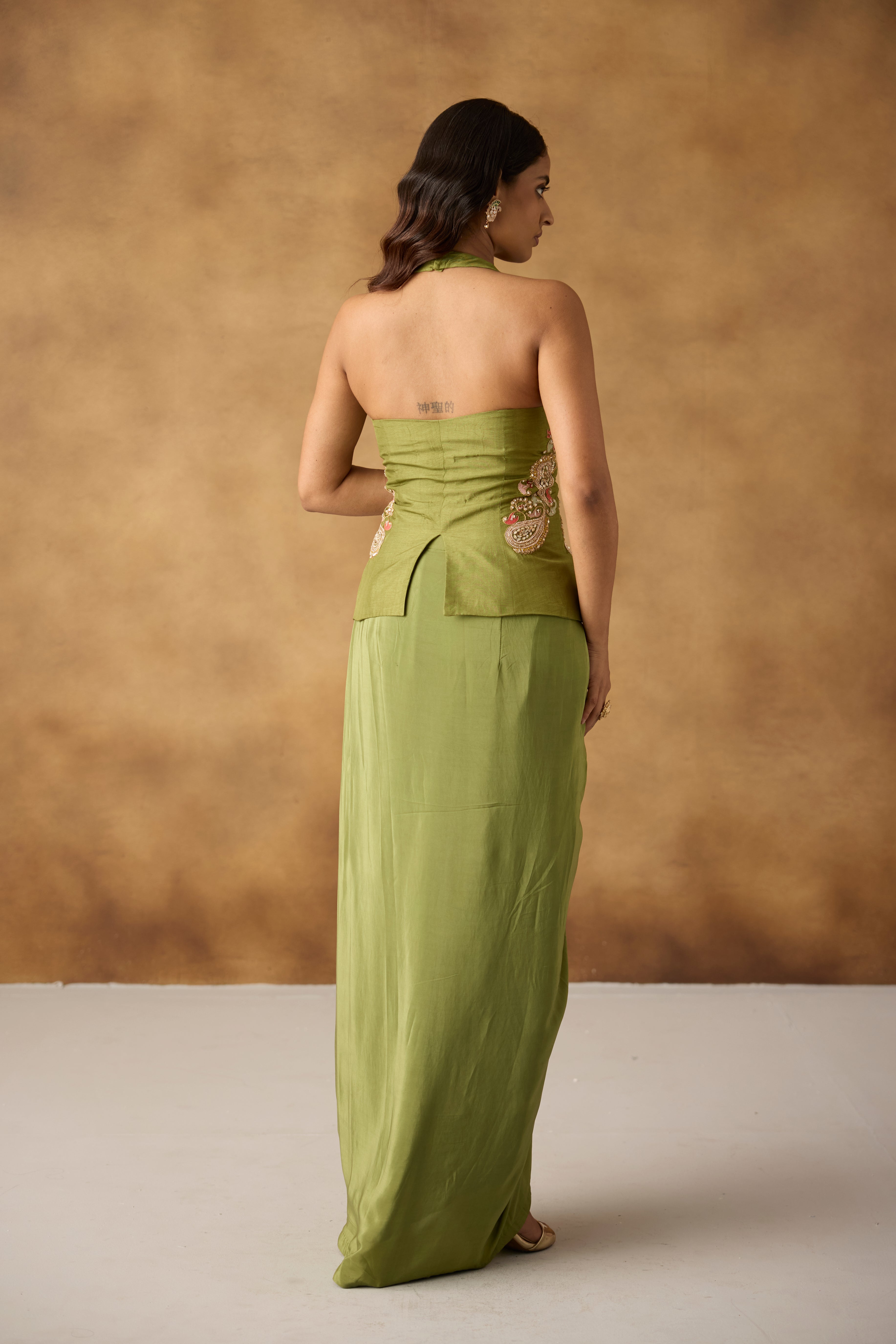Fern Green Embellished Crepe Satin Silk Skirt Set