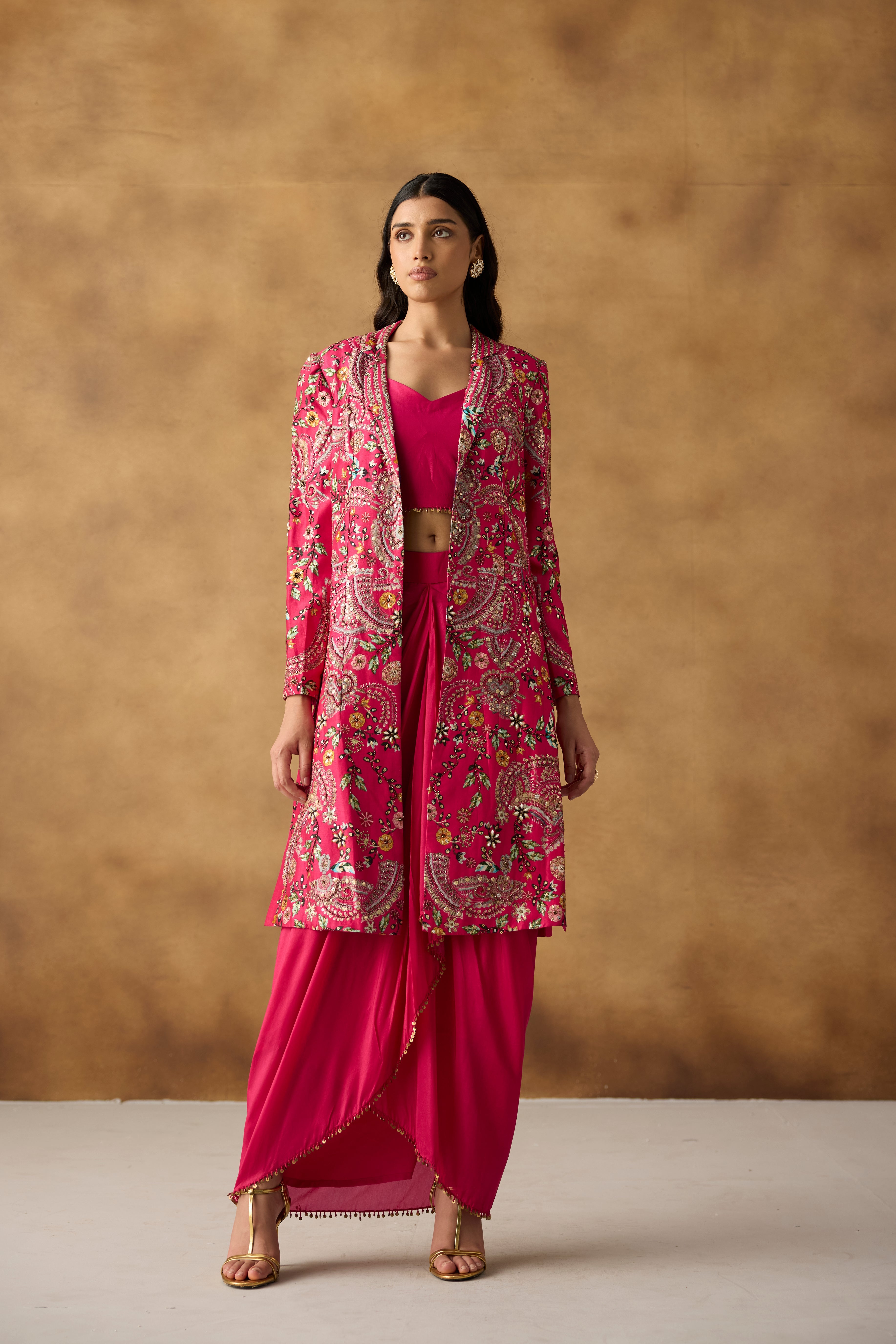 Rani Pink Embellished Chanderi Silk Jacket Skirt Set