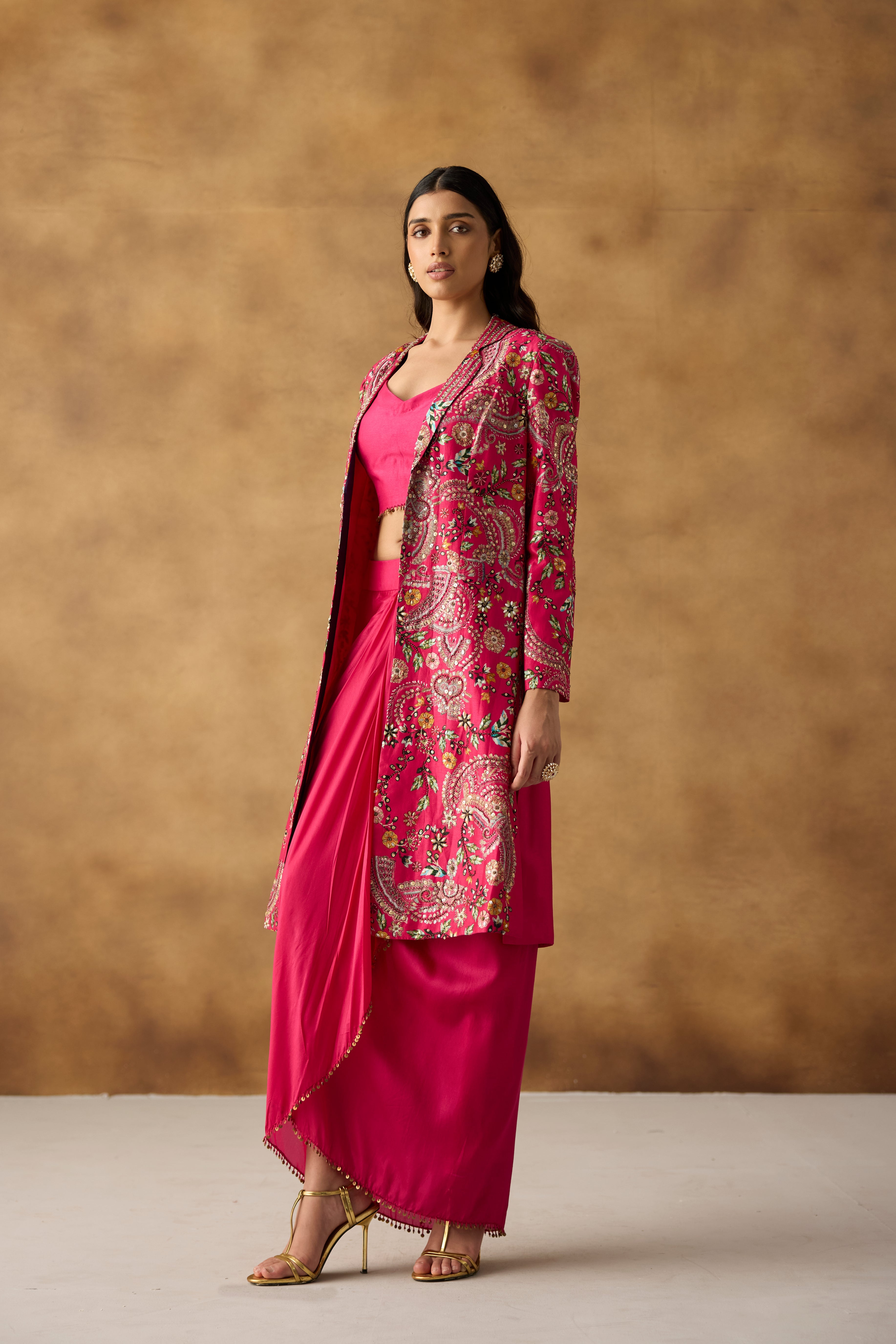 Rani Pink Embellished Chanderi Silk Jacket Skirt Set