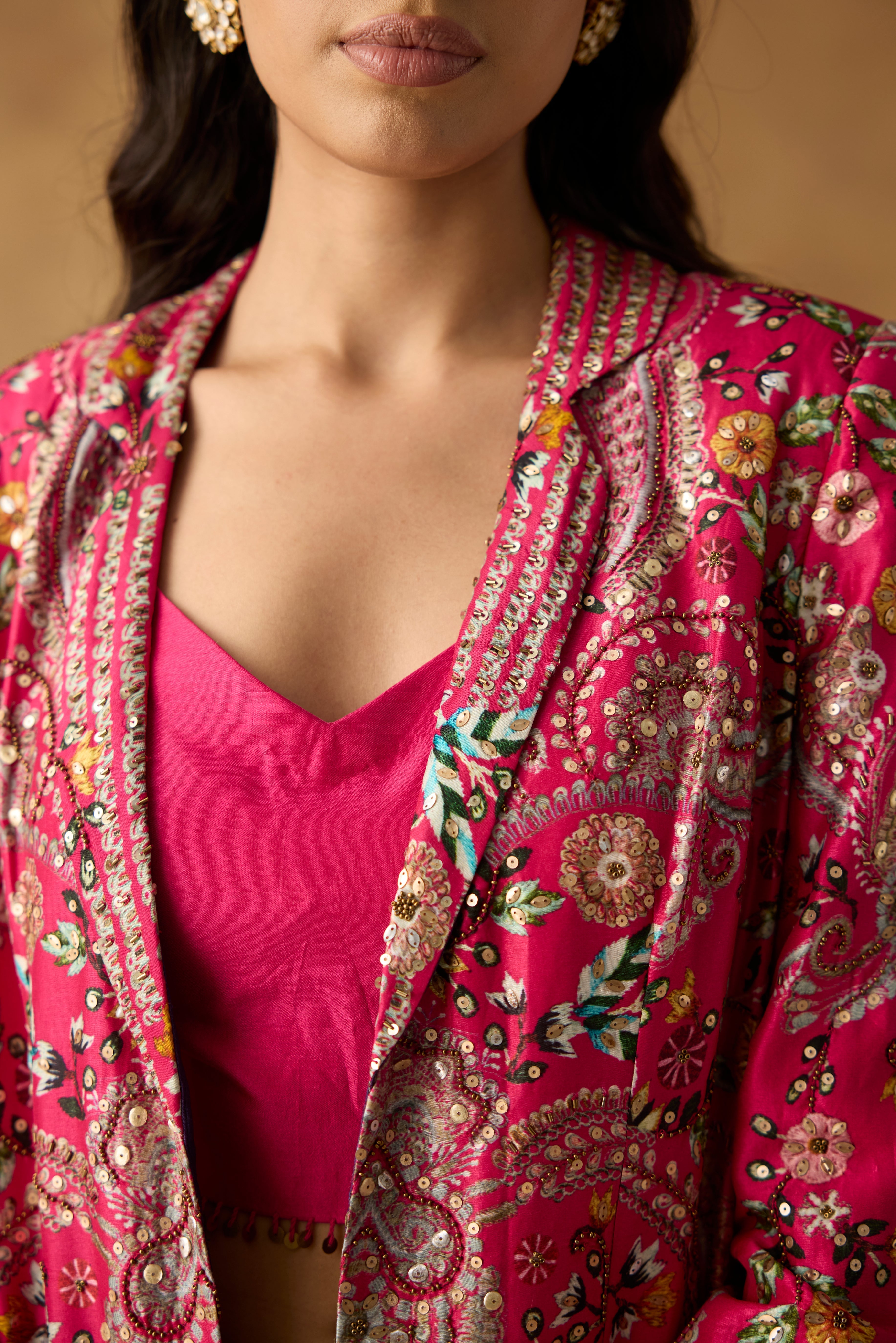 Rani Pink Embellished Chanderi Silk Jacket Skirt Set