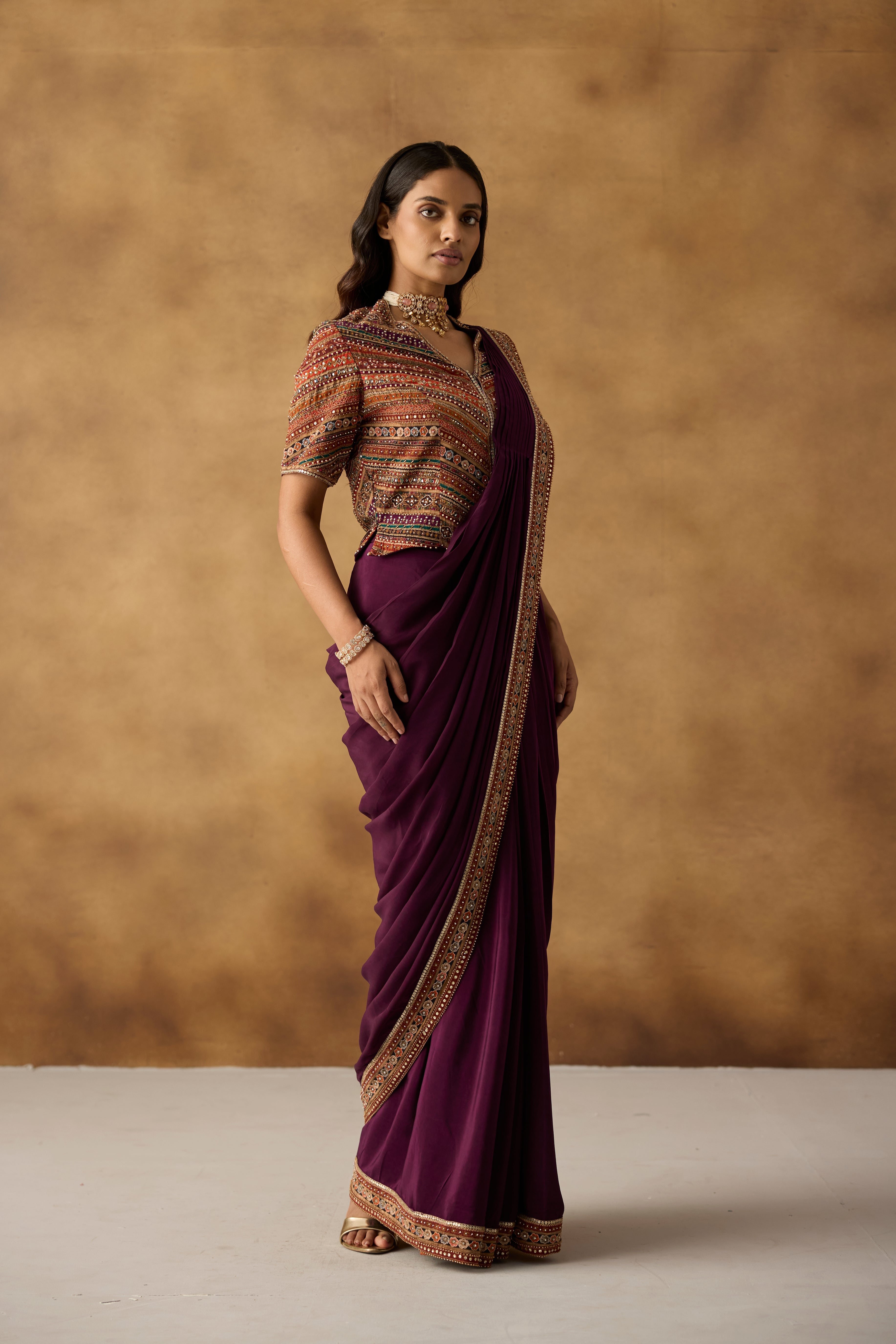 Wine Muse Embellished Crepe Silk Draped Saree