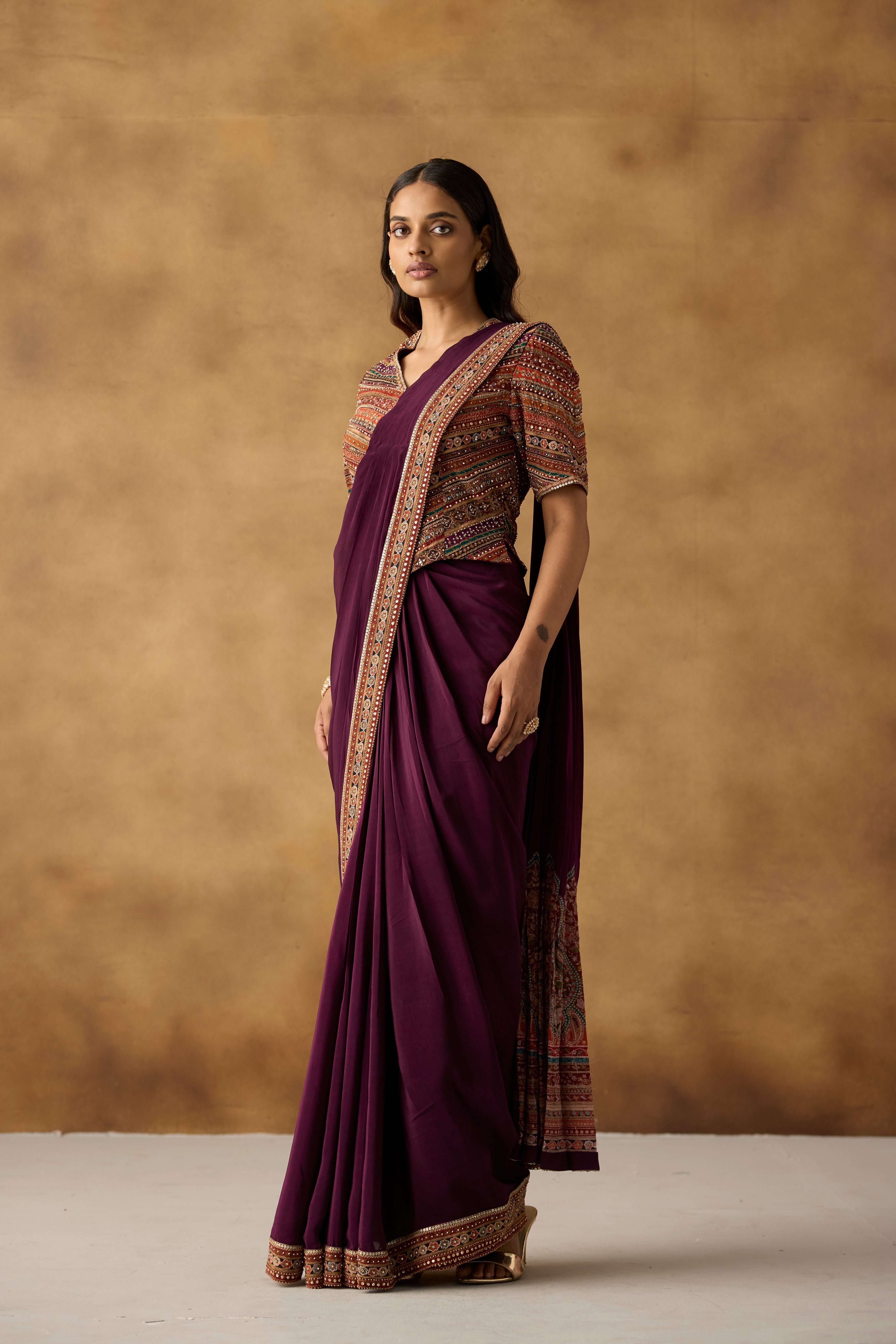 Wine Muse Embellished Crepe Silk Draped Saree