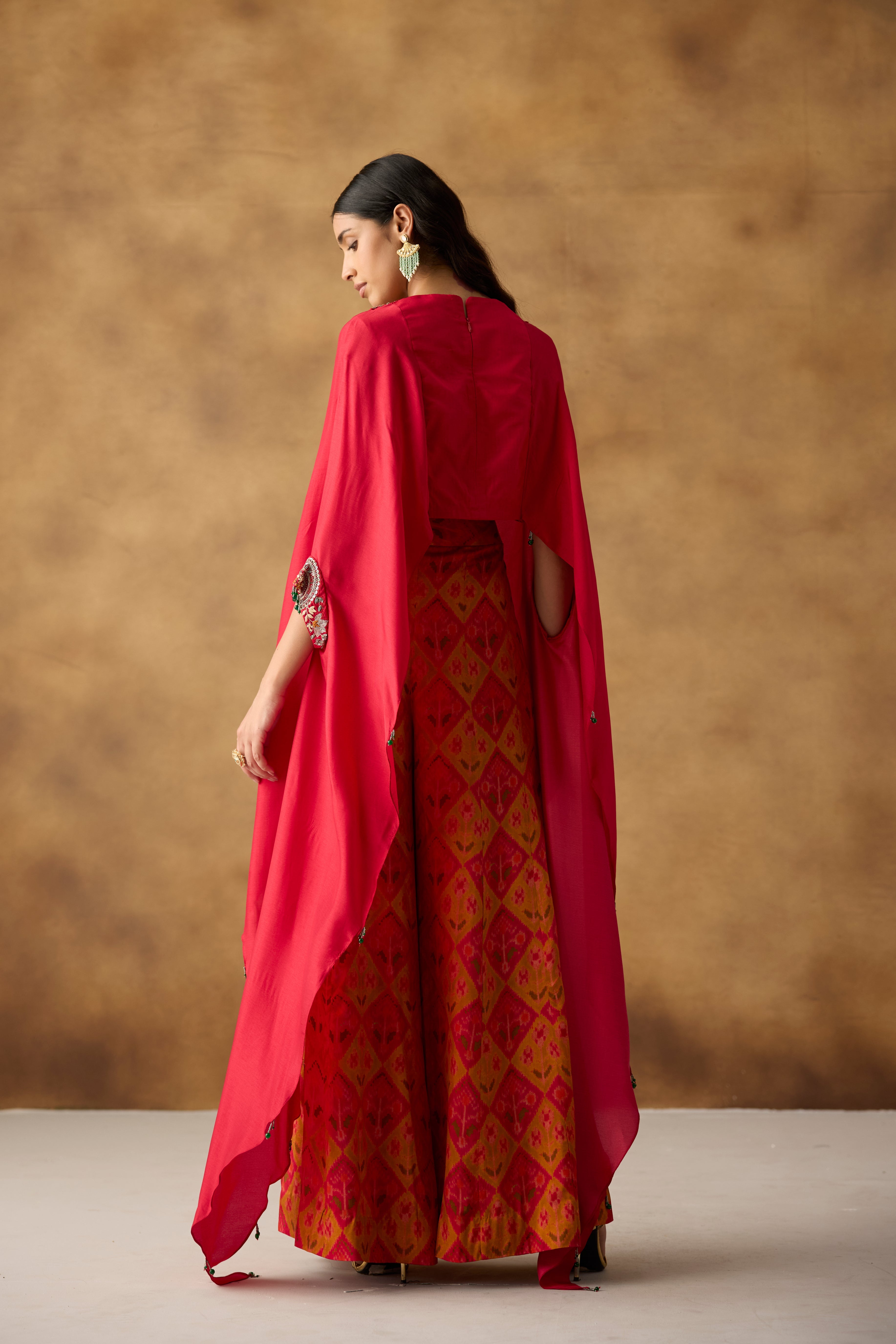 Radiant Red & Multi-Colored Upadda Silk Kaftan Set