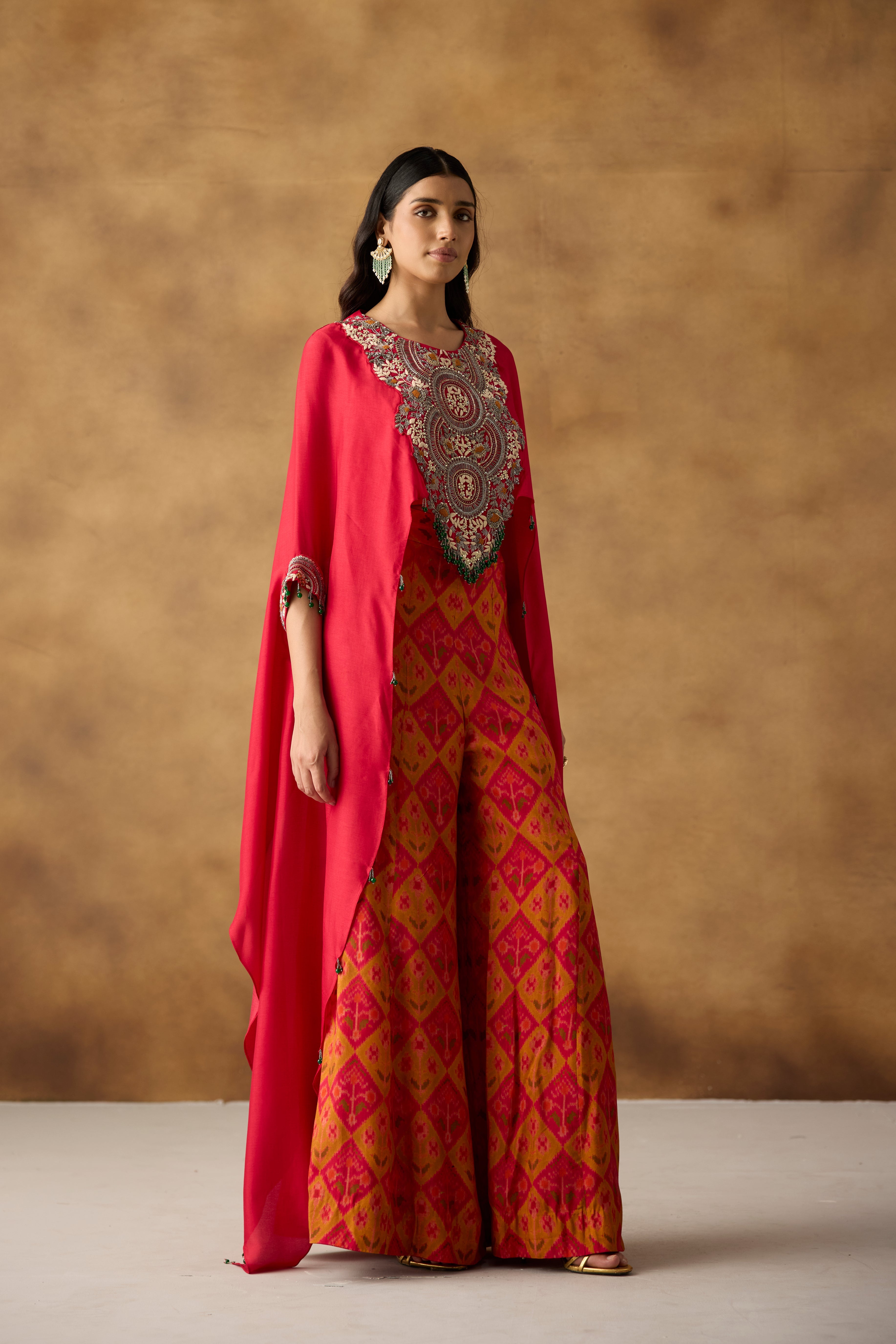 Radiant Red & Multi-Colored Upadda Silk Kaftan Set