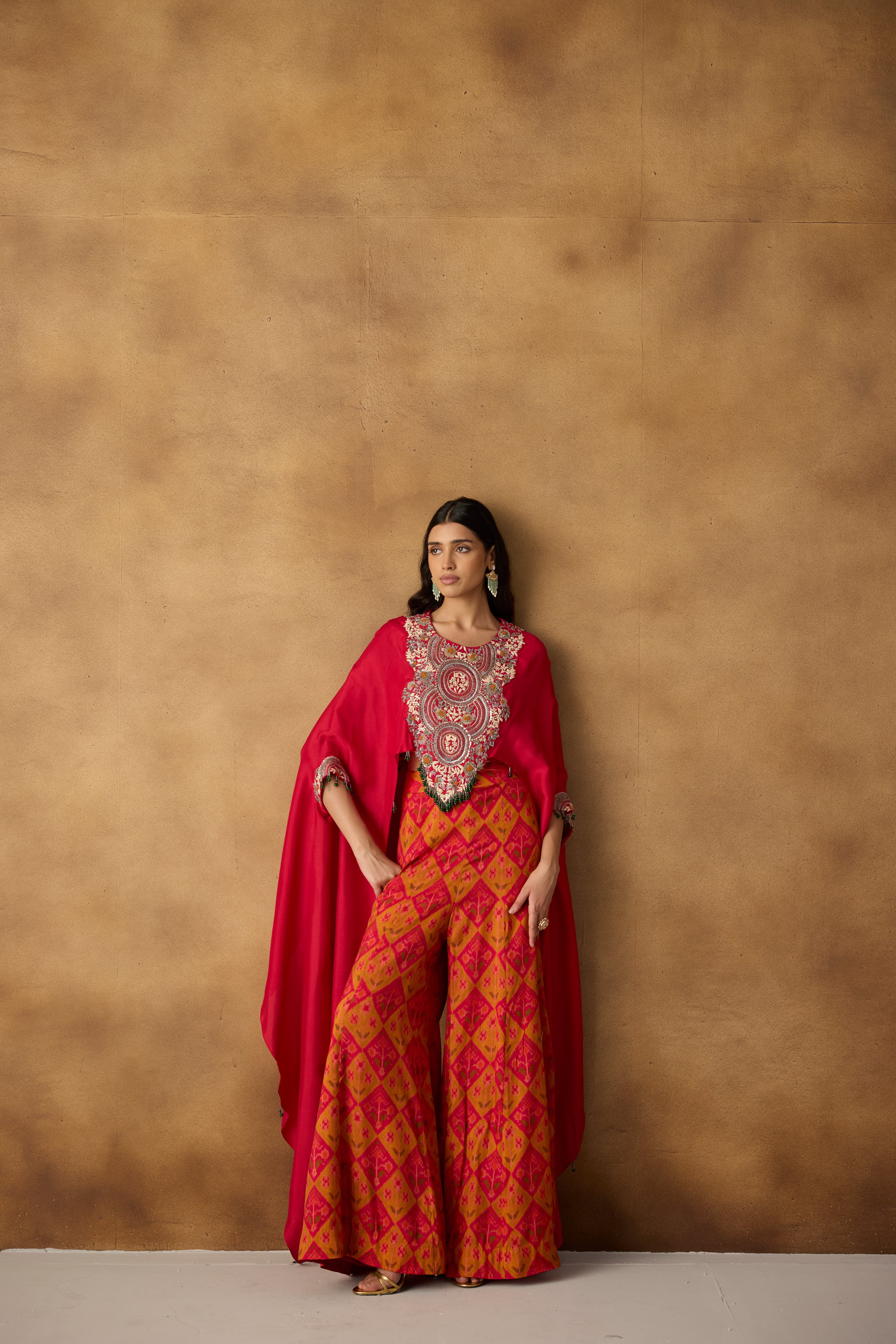 Radiant Red & Multi-Colored Upadda Silk Kaftan Set