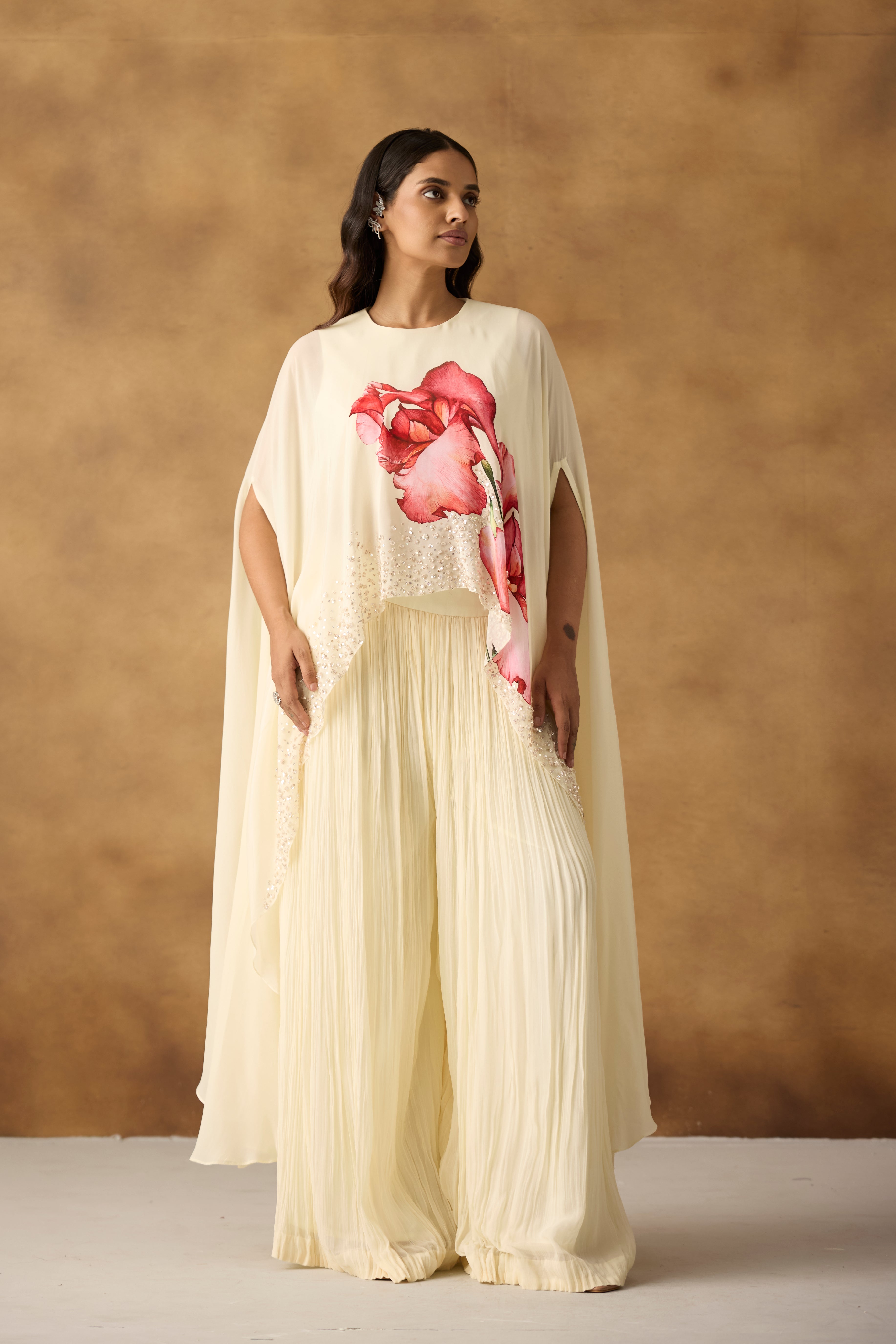 Gilded Ivory Embellished Georgette Silk Kaftan Palazzo Set