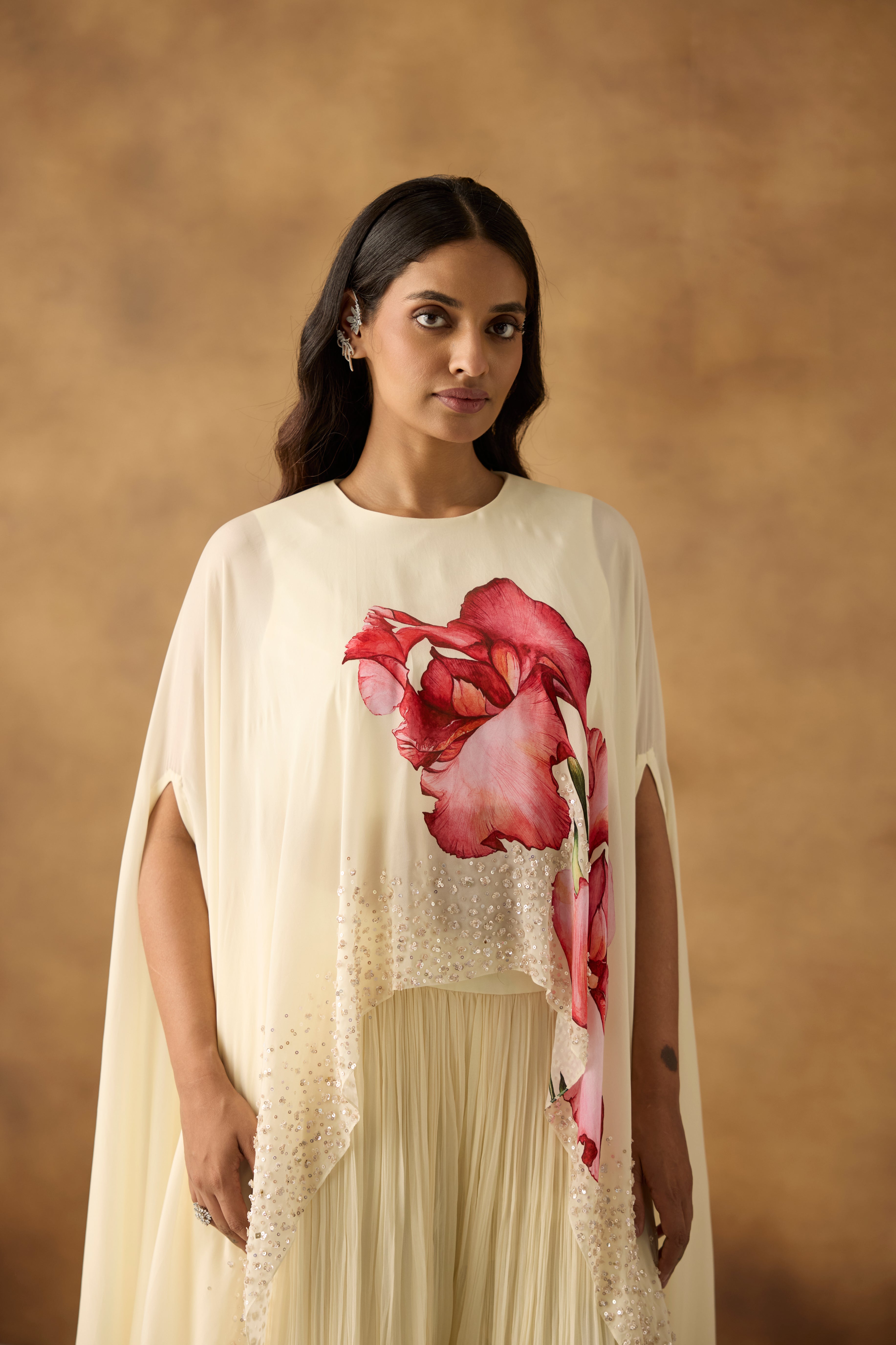 Gilded Ivory Embellished Georgette Silk Kaftan Palazzo Set