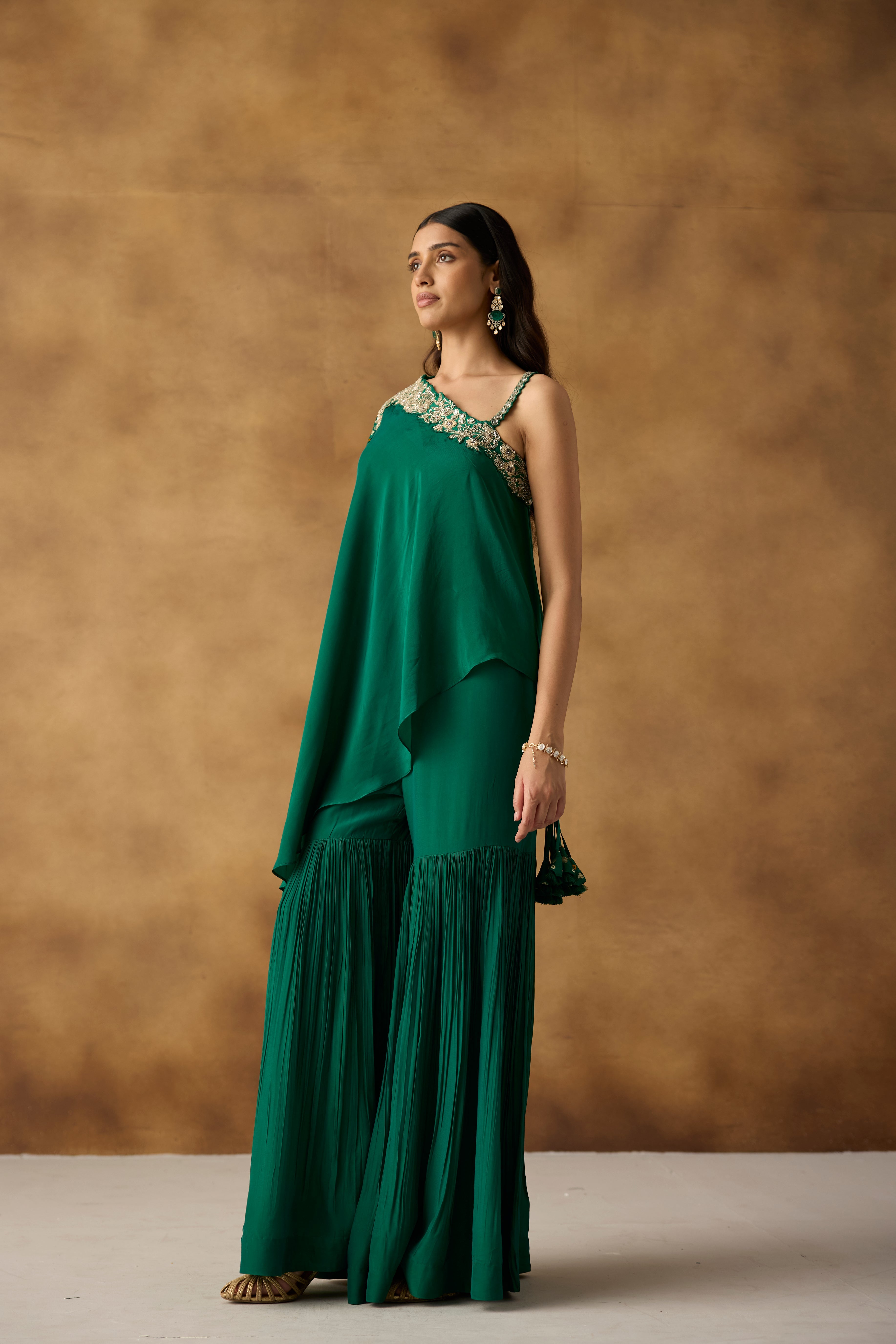 Emerald Green Embellished Crepe Silk Sharara Set