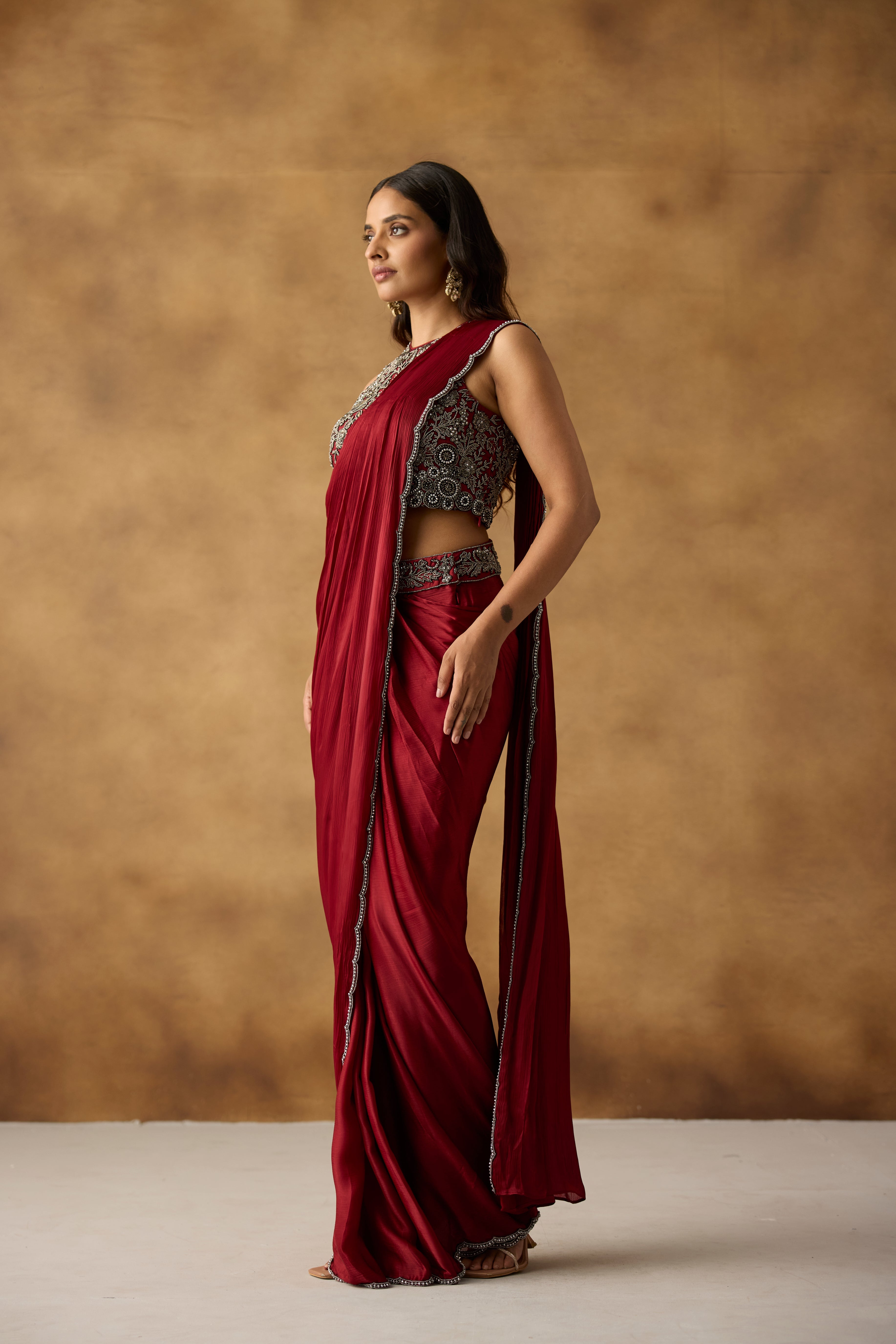 Deep Red Embellished Satin Silk Draped Saree