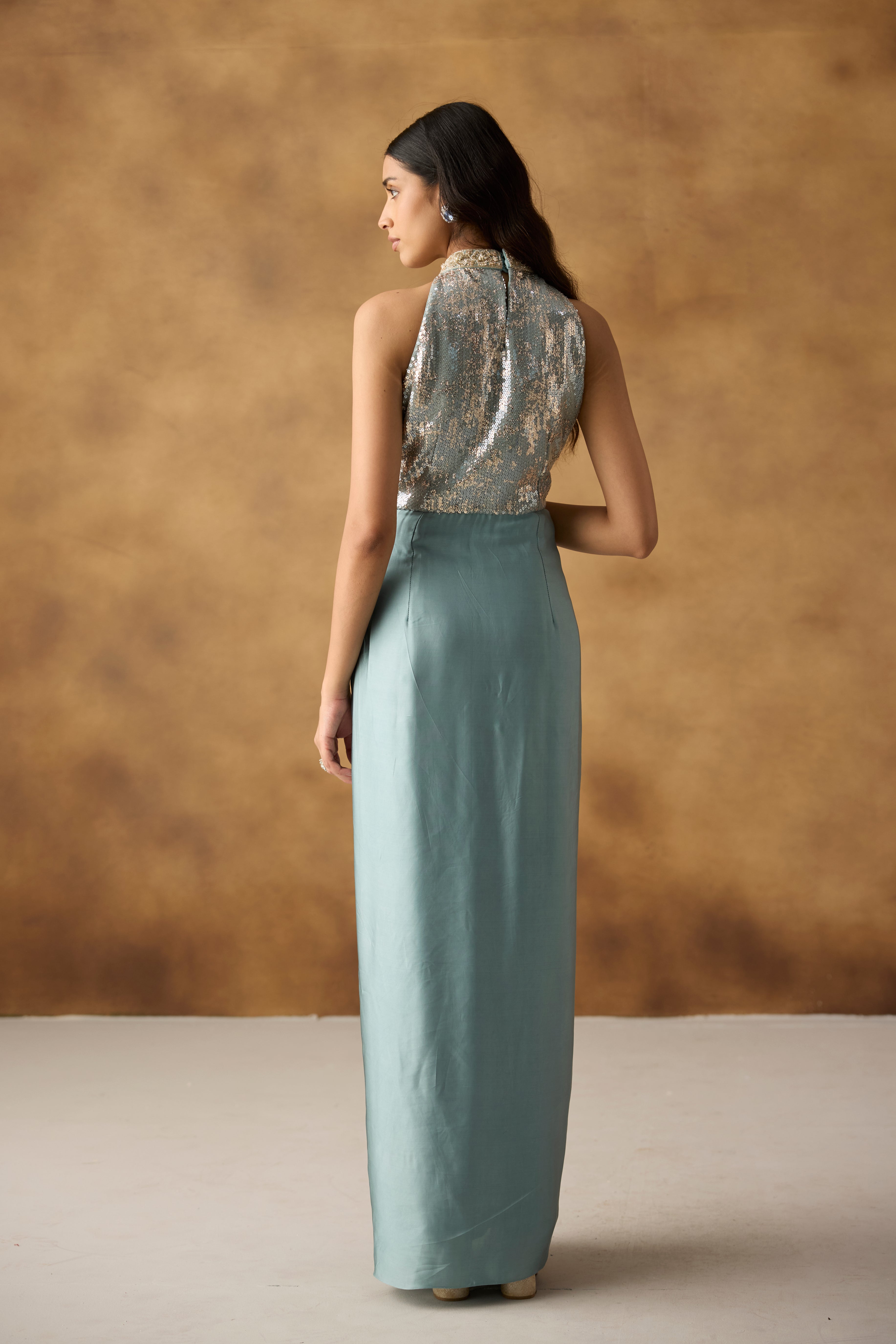 Mist Blue Embellished Satin Silk Dress