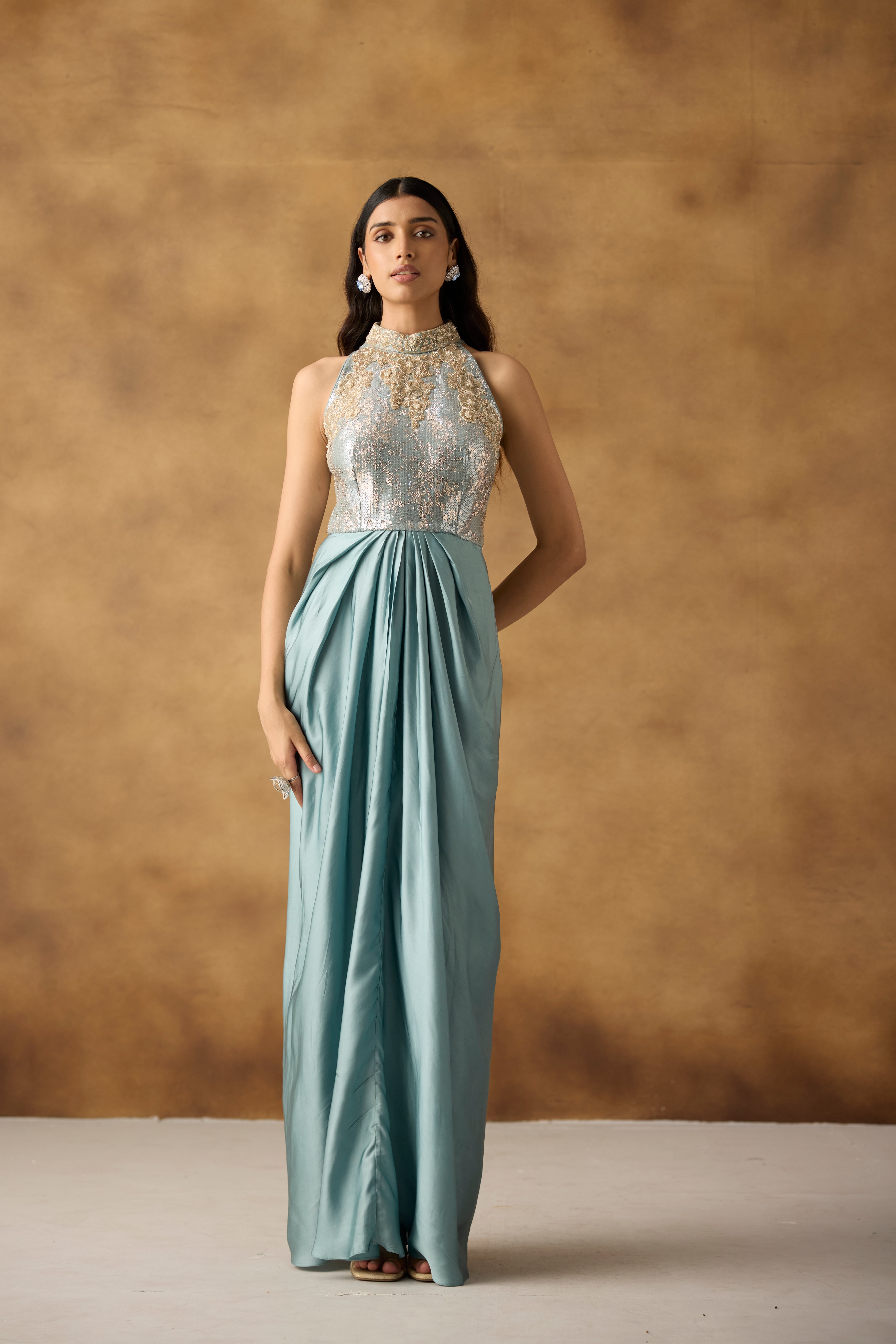 Mist Blue Embellished Satin Silk Dress