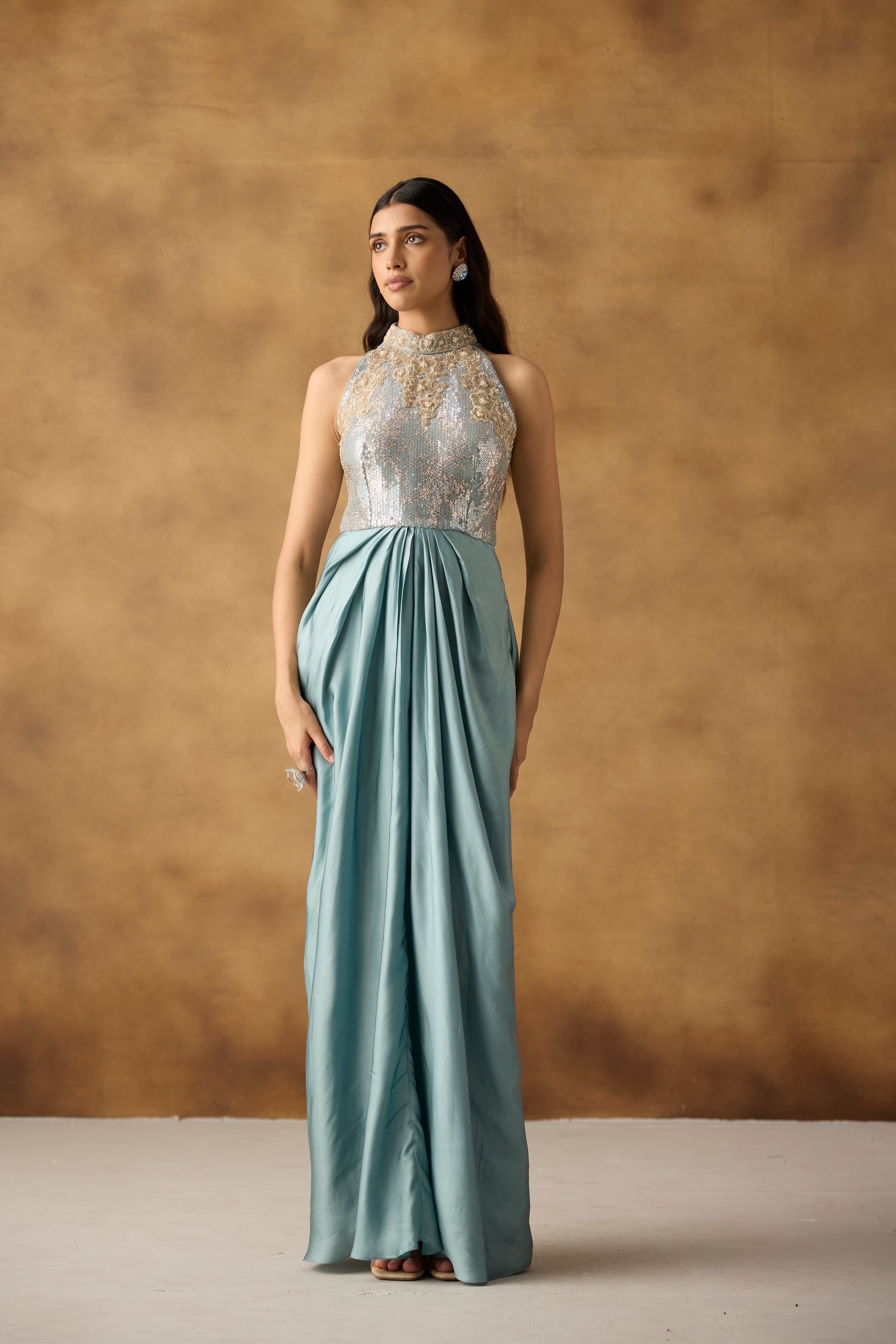 Mist Blue Embellished Satin Silk Dress