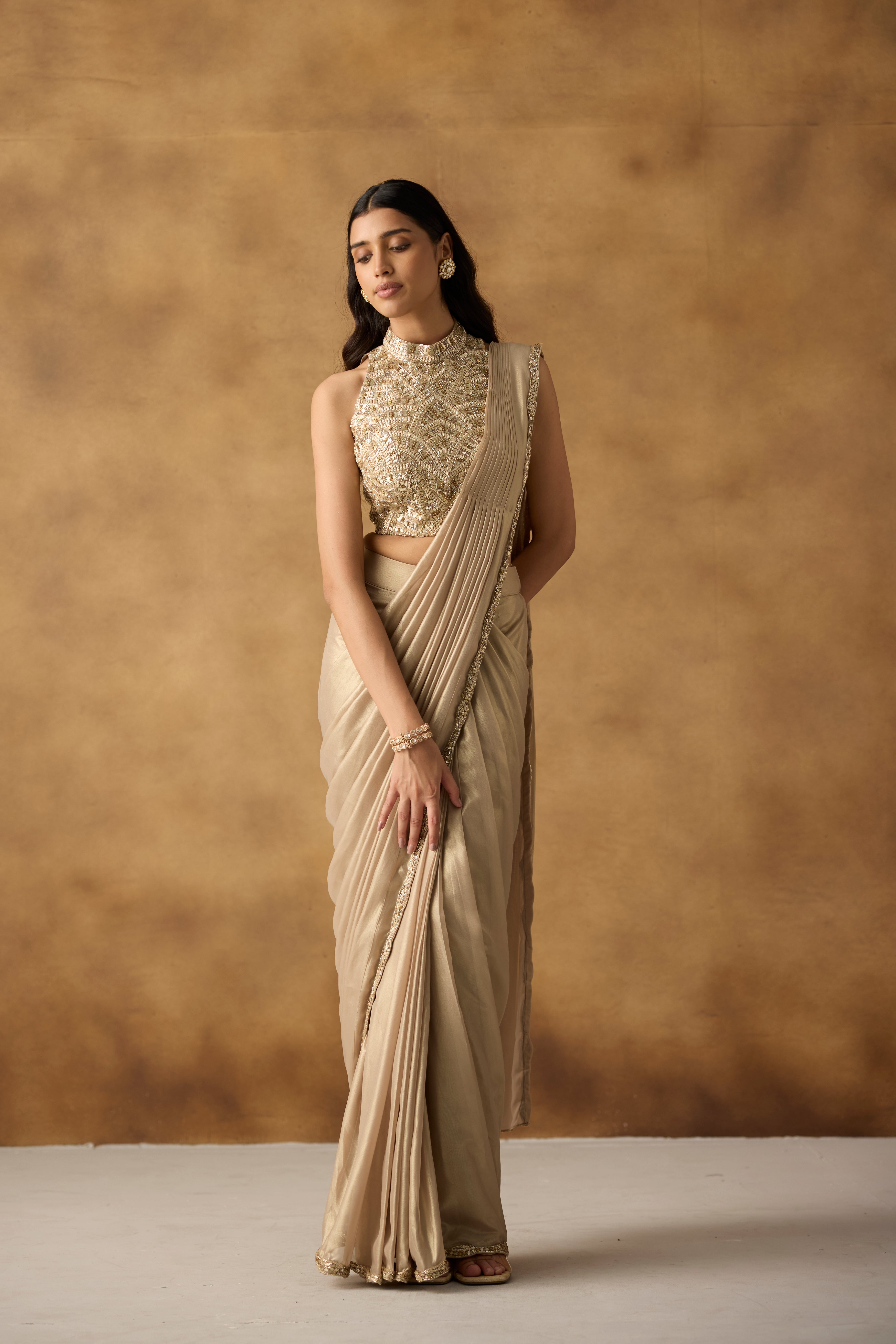 Golden Beige Embellished Shimmer Silk Draped Saree