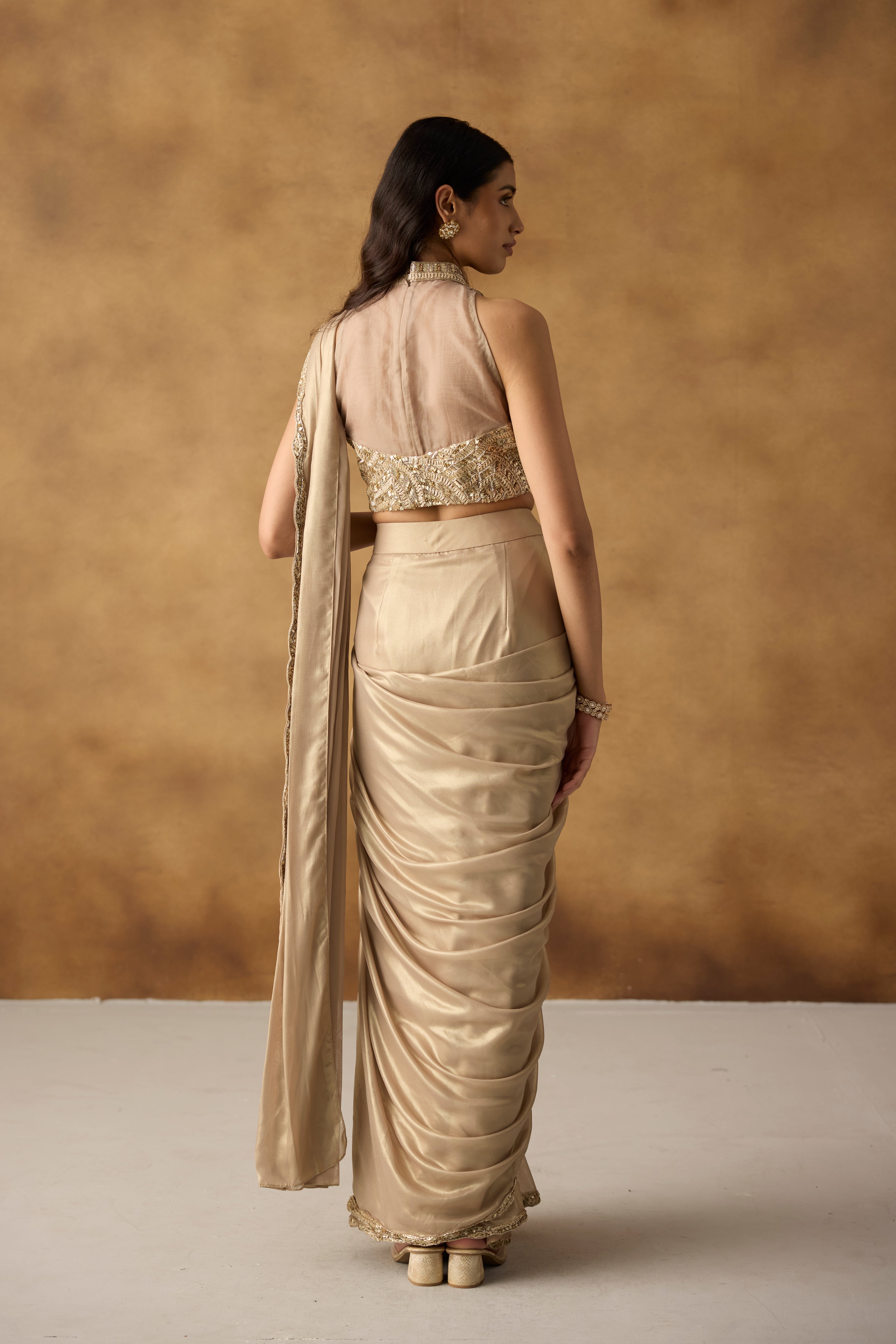 Golden Beige Embellished Shimmer Silk Draped Saree