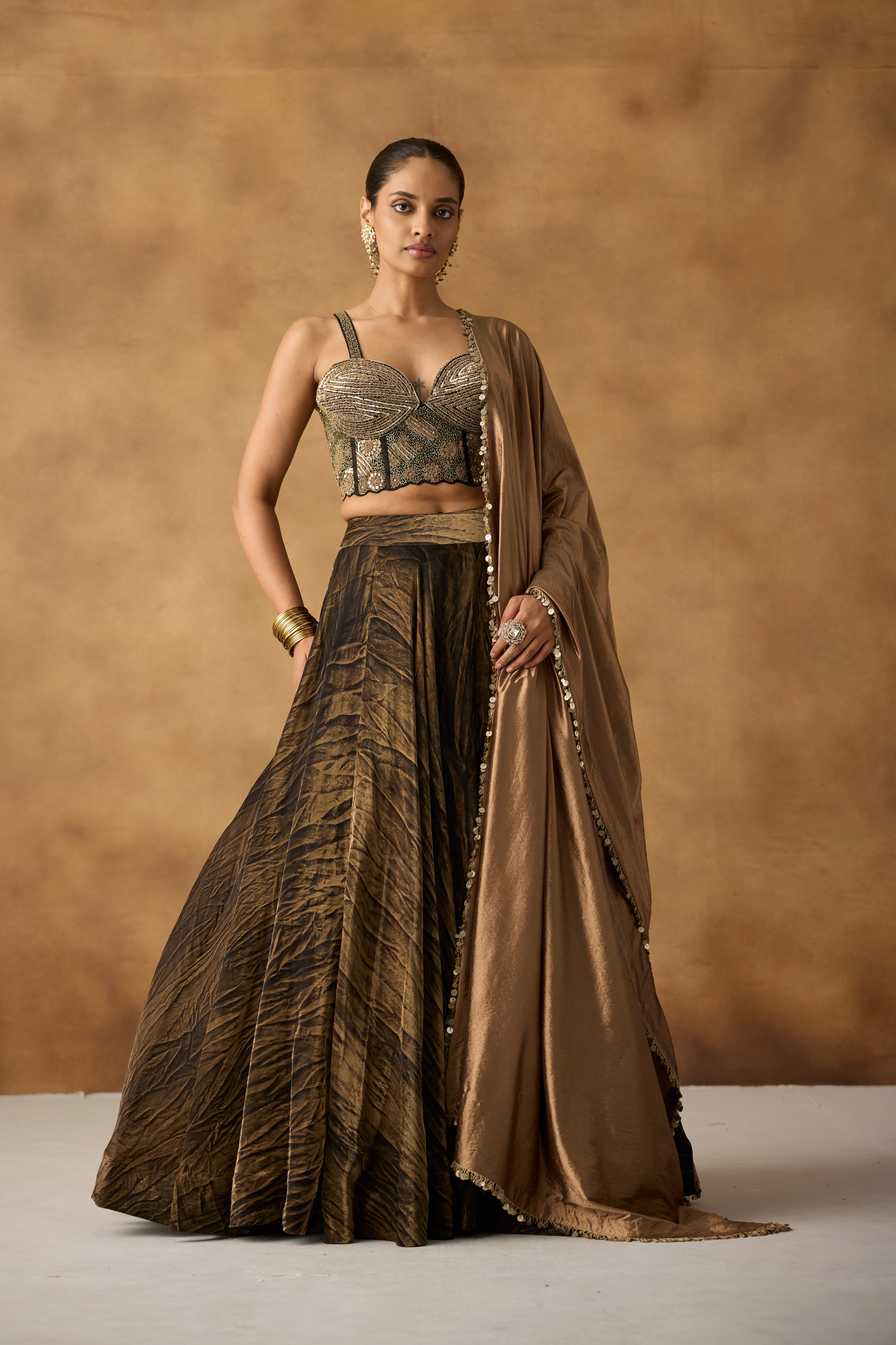 Copper Brown Embellished Satin Silk Lehenga Set