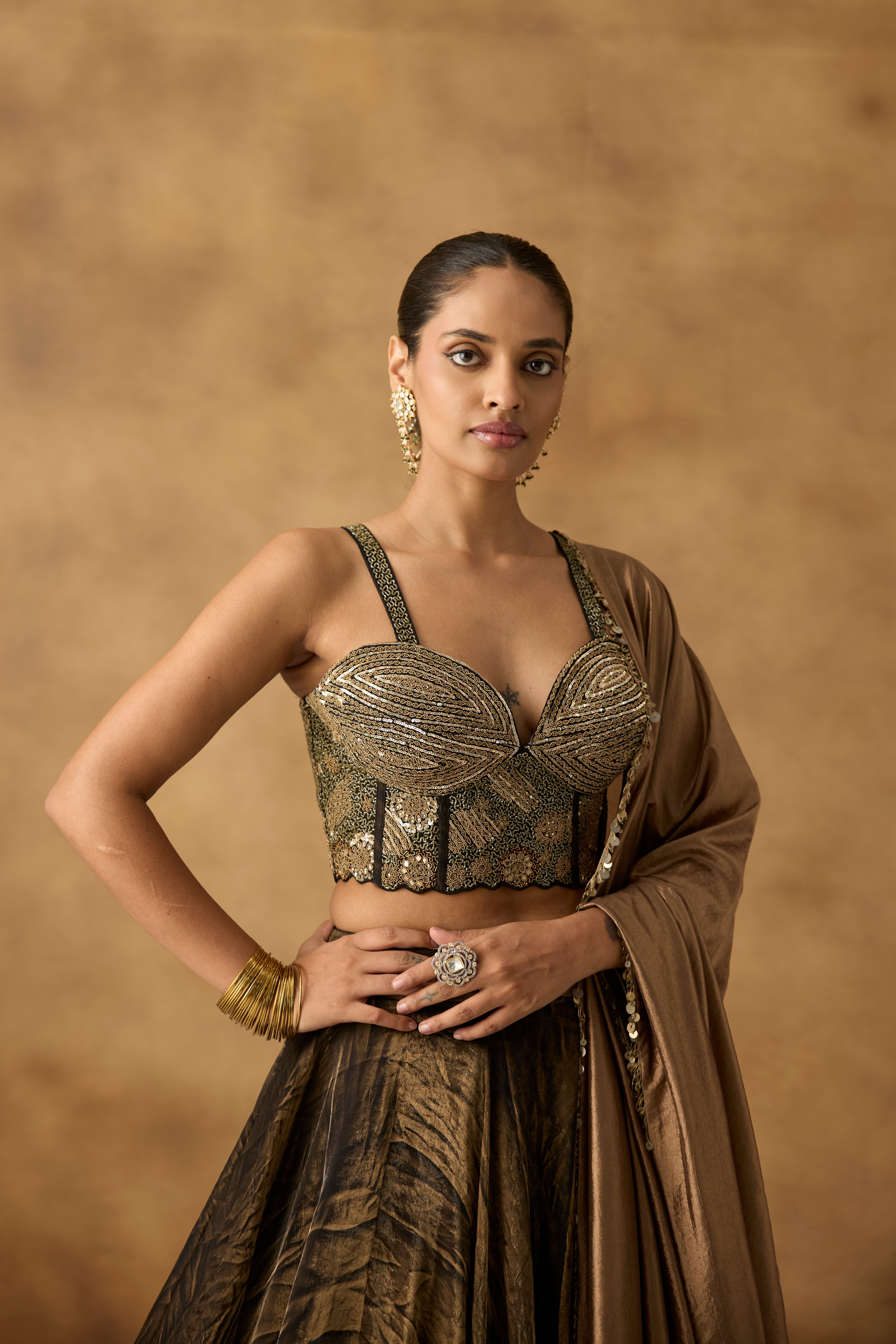 Copper Brown Embellished Satin Silk Lehenga Set