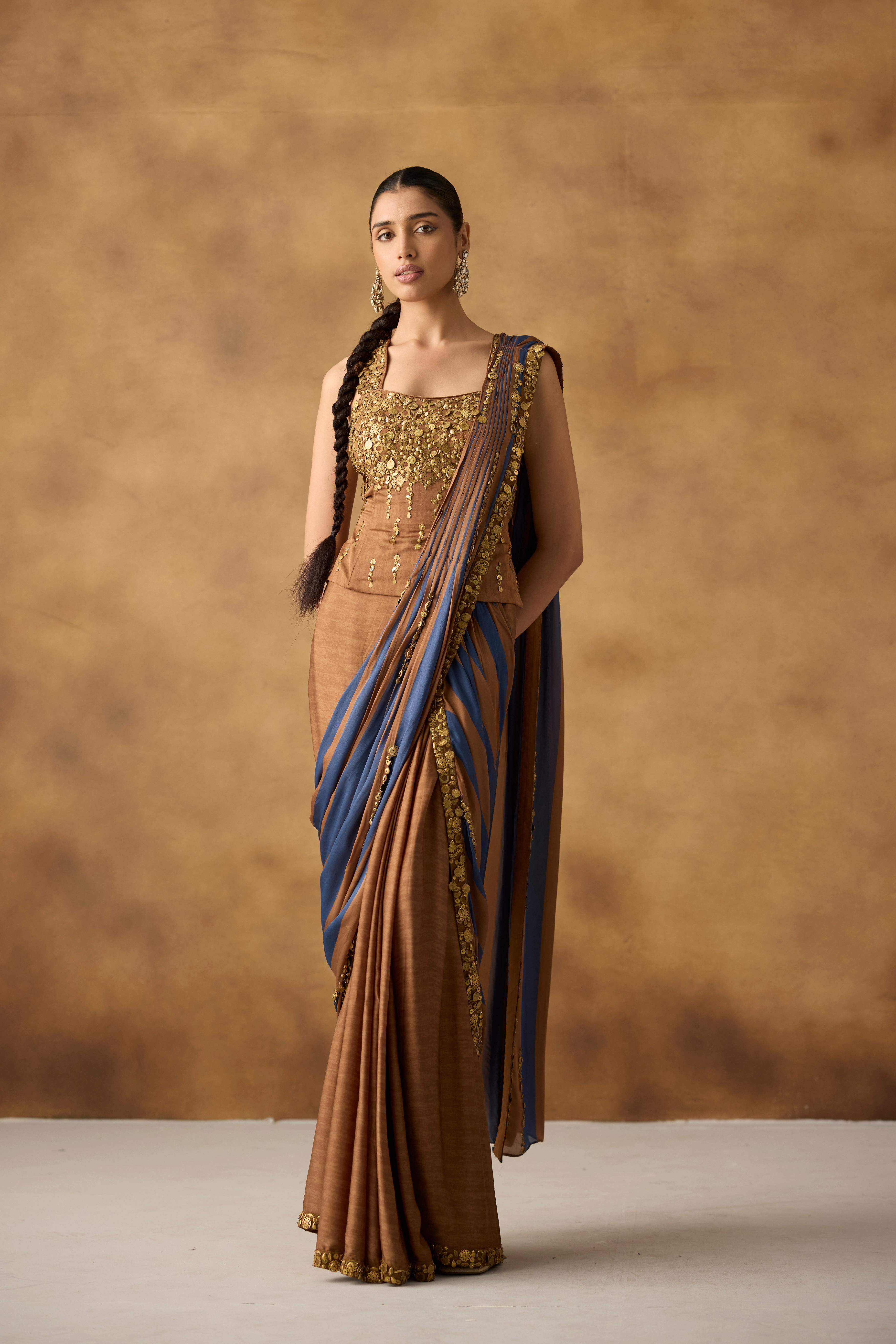 Coffee Brown Embellished Crepe Draped Skirt Saree