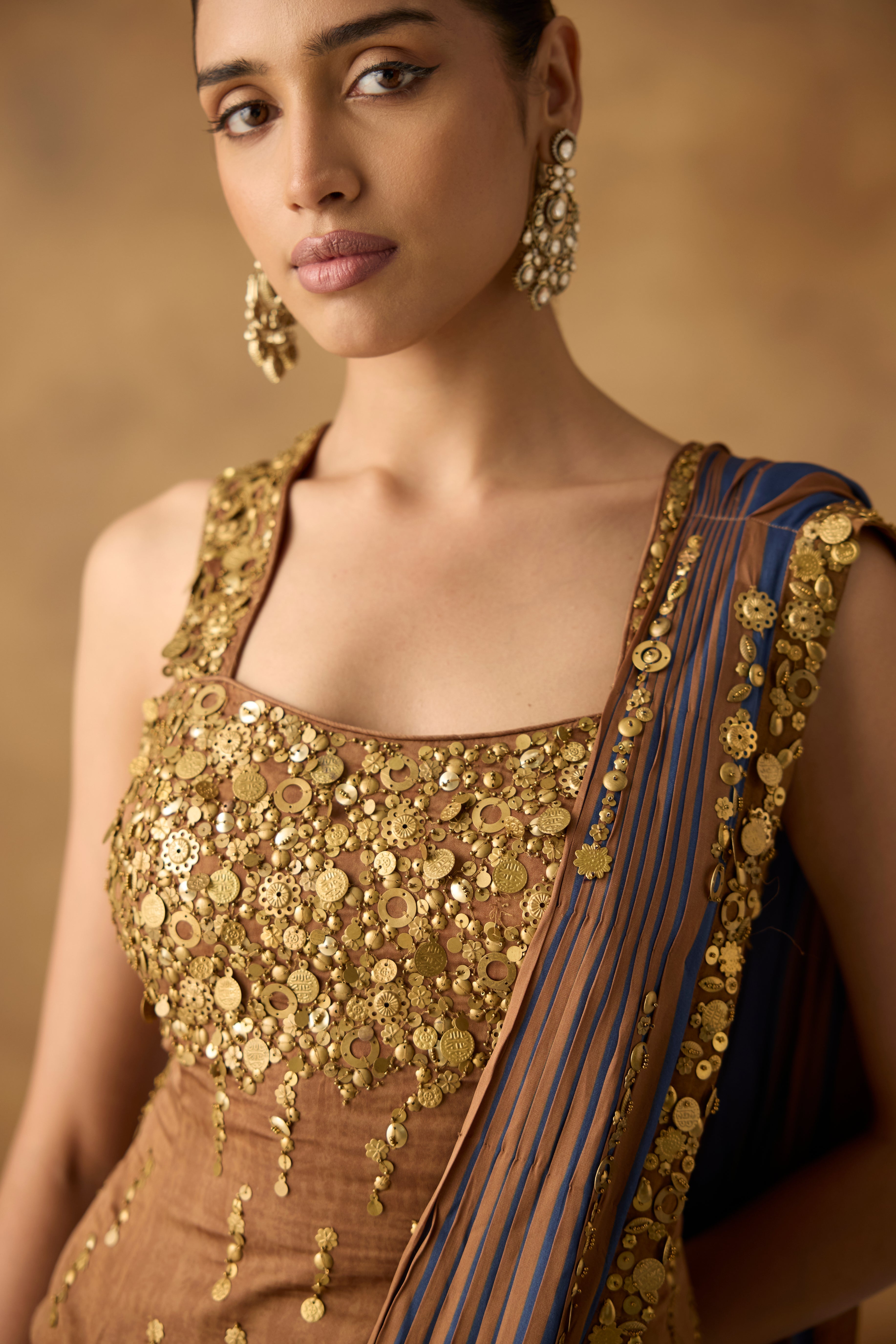 Coffee Brown Embellished Crepe Draped Skirt Saree
