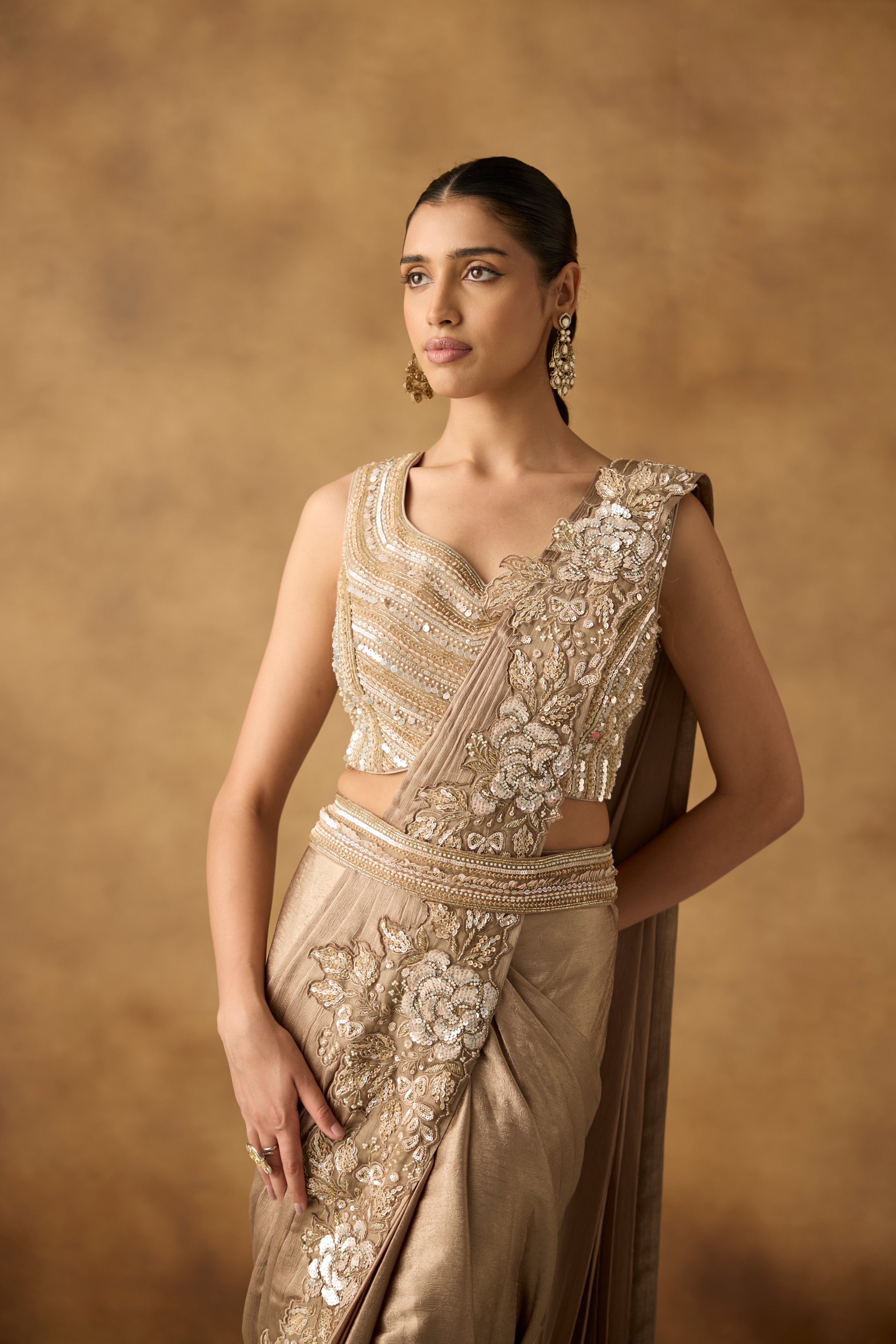 Metallic Gold Embellished Crepe Silk Draped Saree