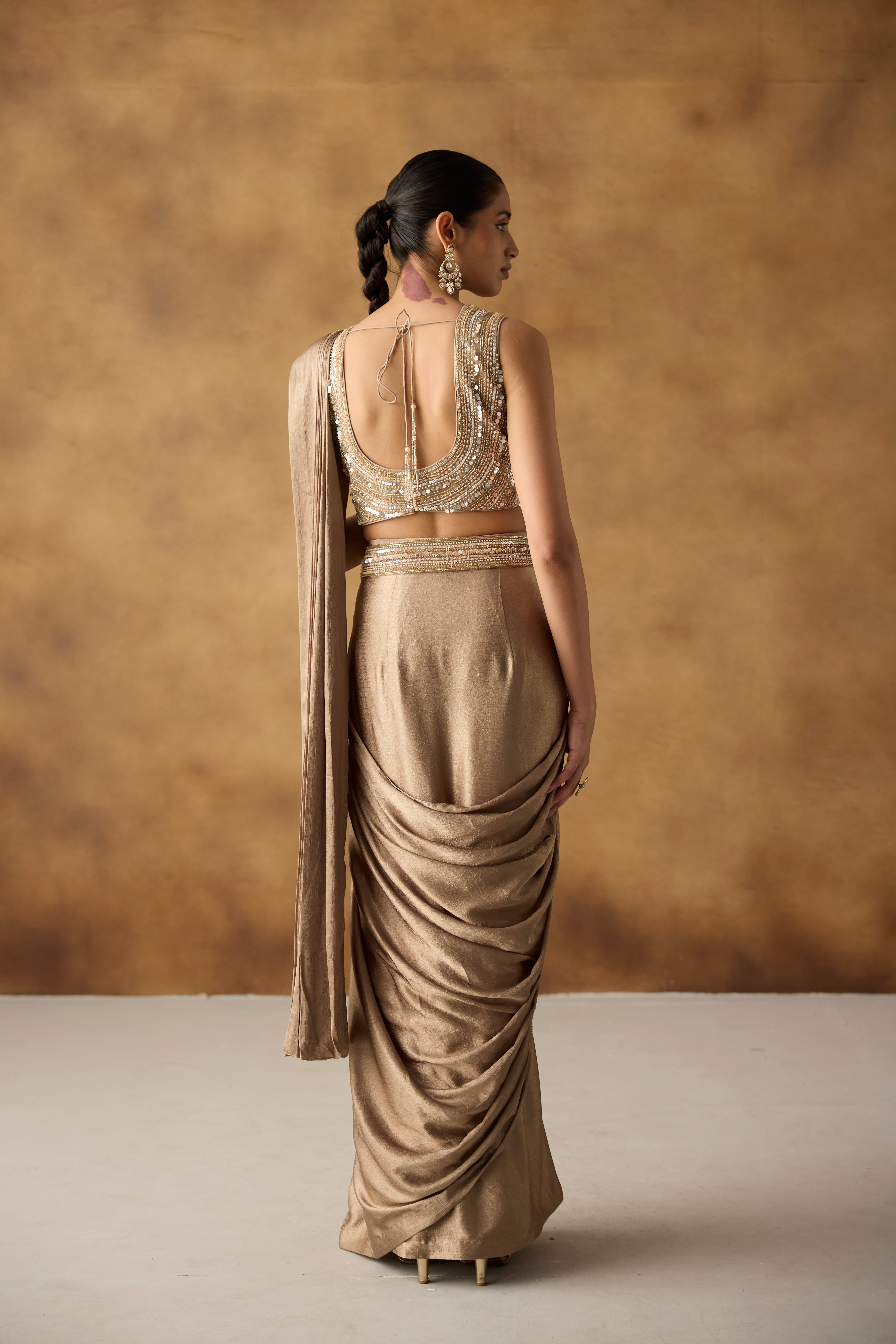 Metallic Gold Embellished Crepe Silk Draped Saree