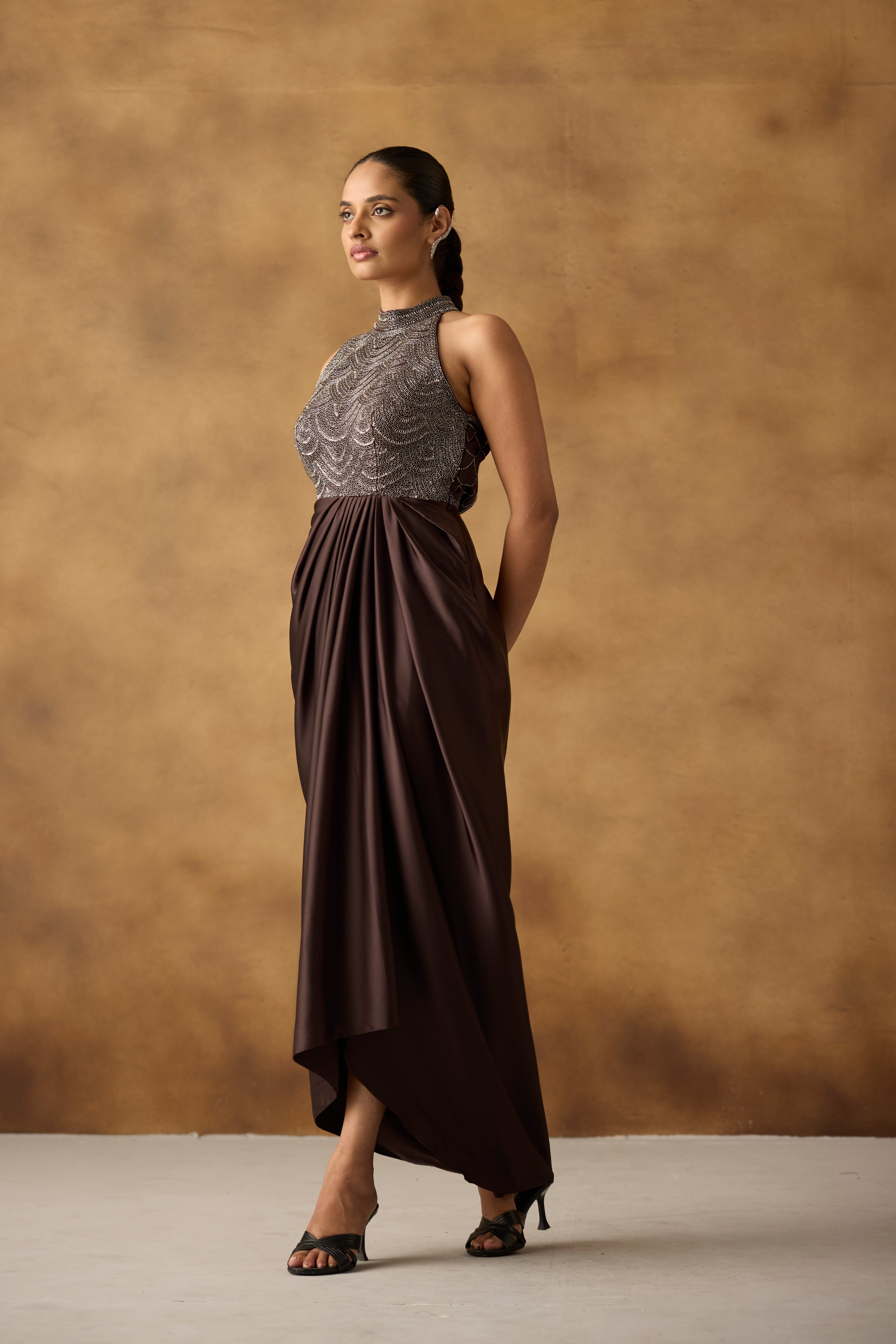 Chocolate Brown Embellished Satin Silk Dress