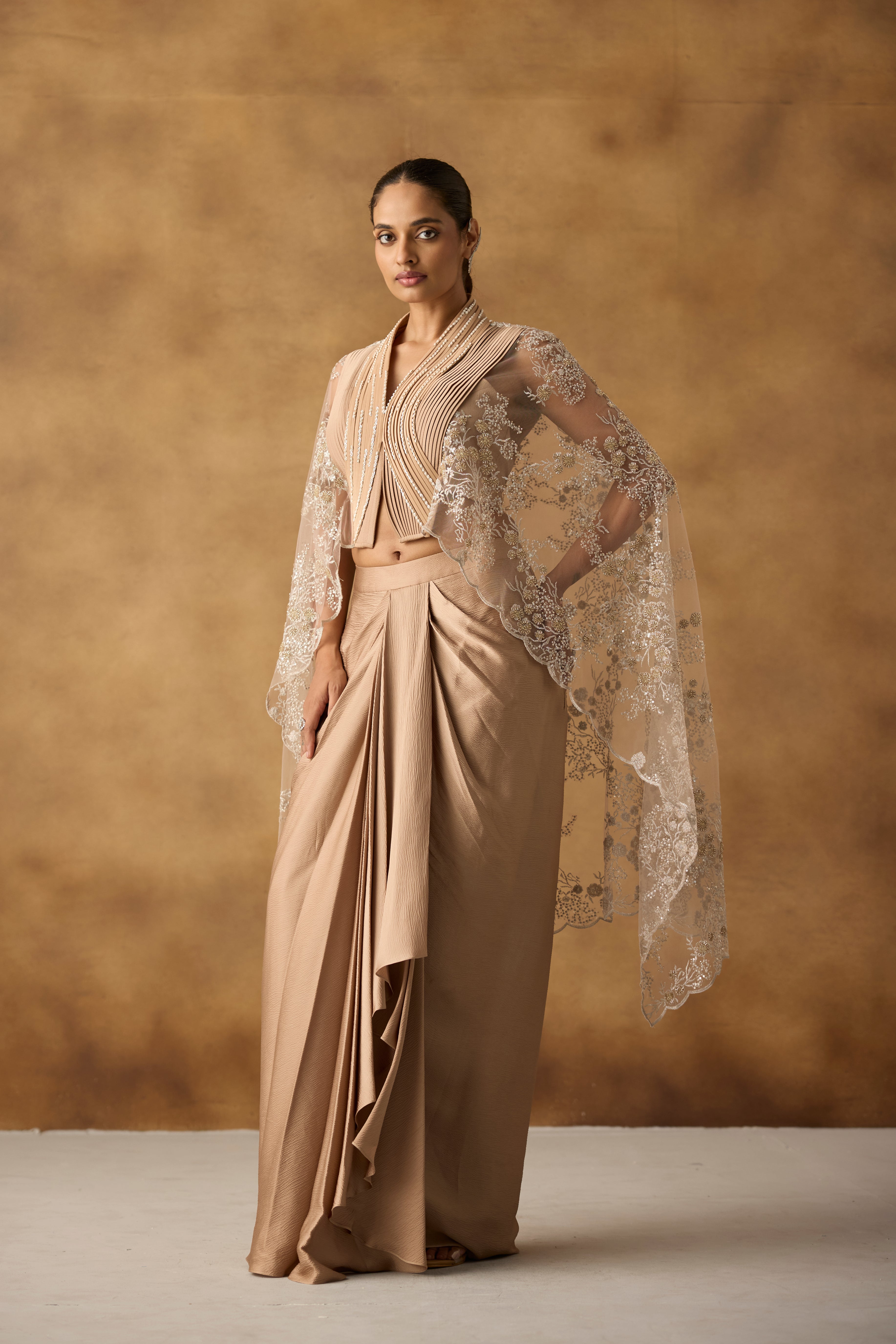 Isla Beige Embellished Chanderi Silk Skirt Set