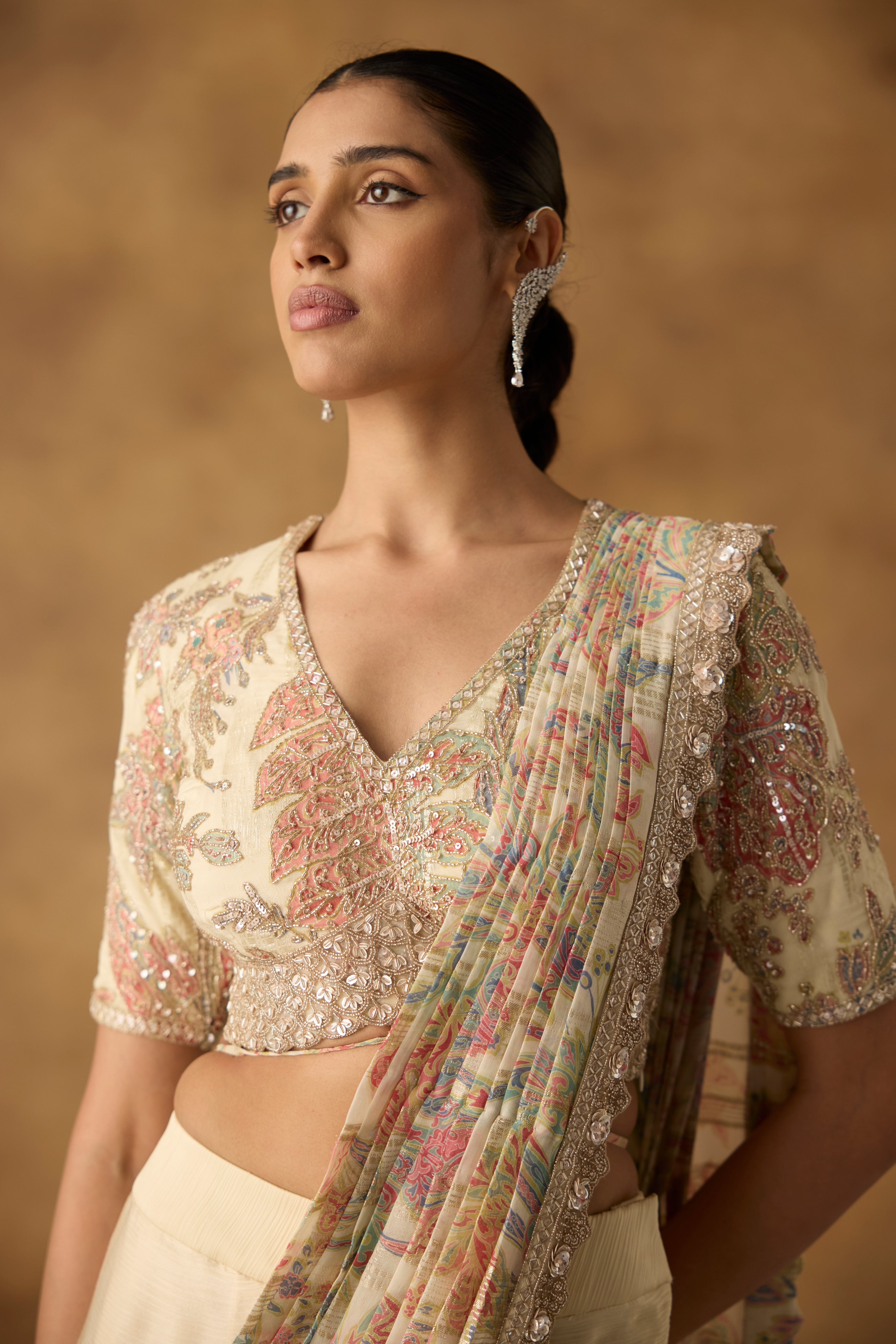 Multi Cream Embellished Crepe Silk Draped Saree