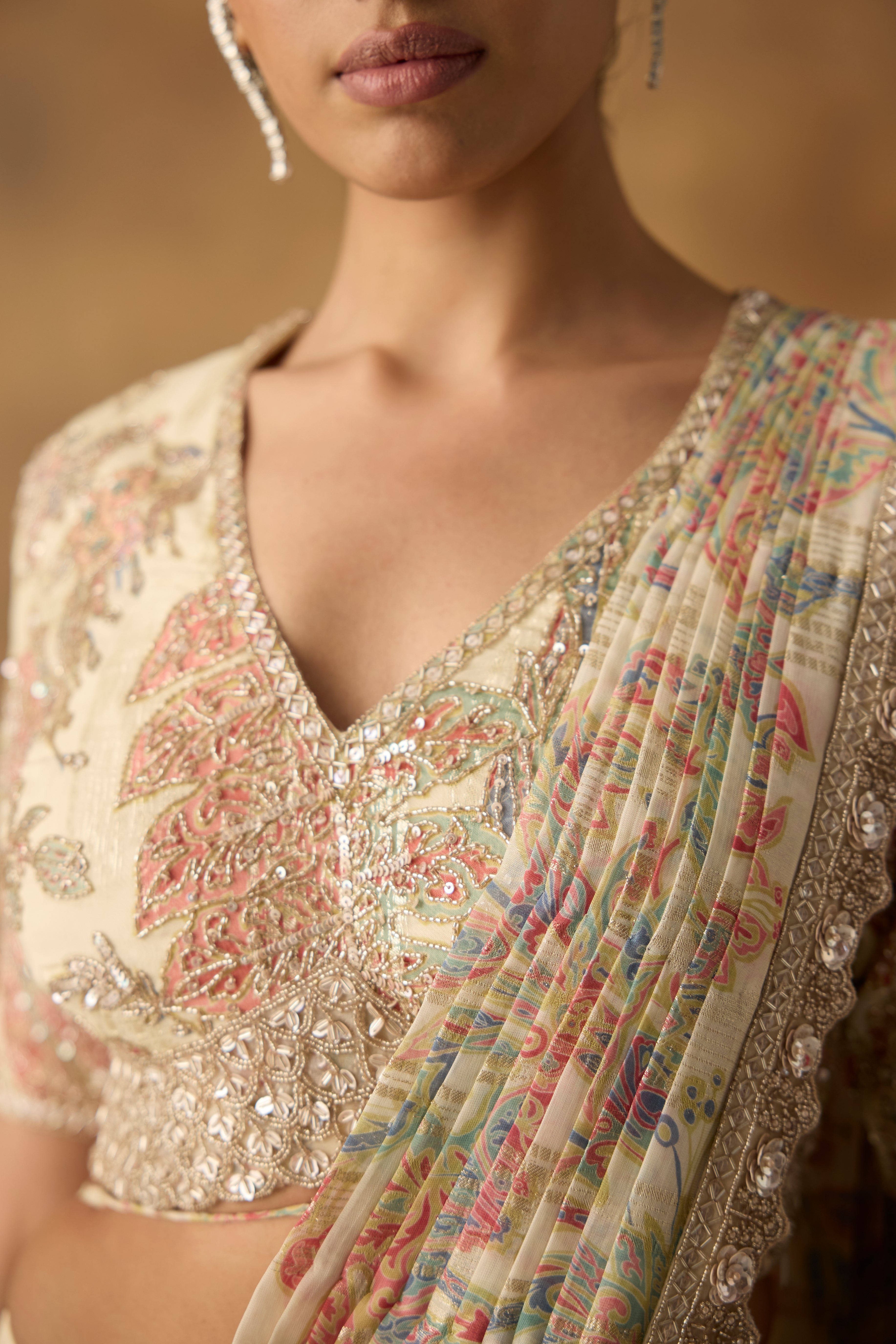 Multi Cream Embellished Crepe Silk Draped Saree
