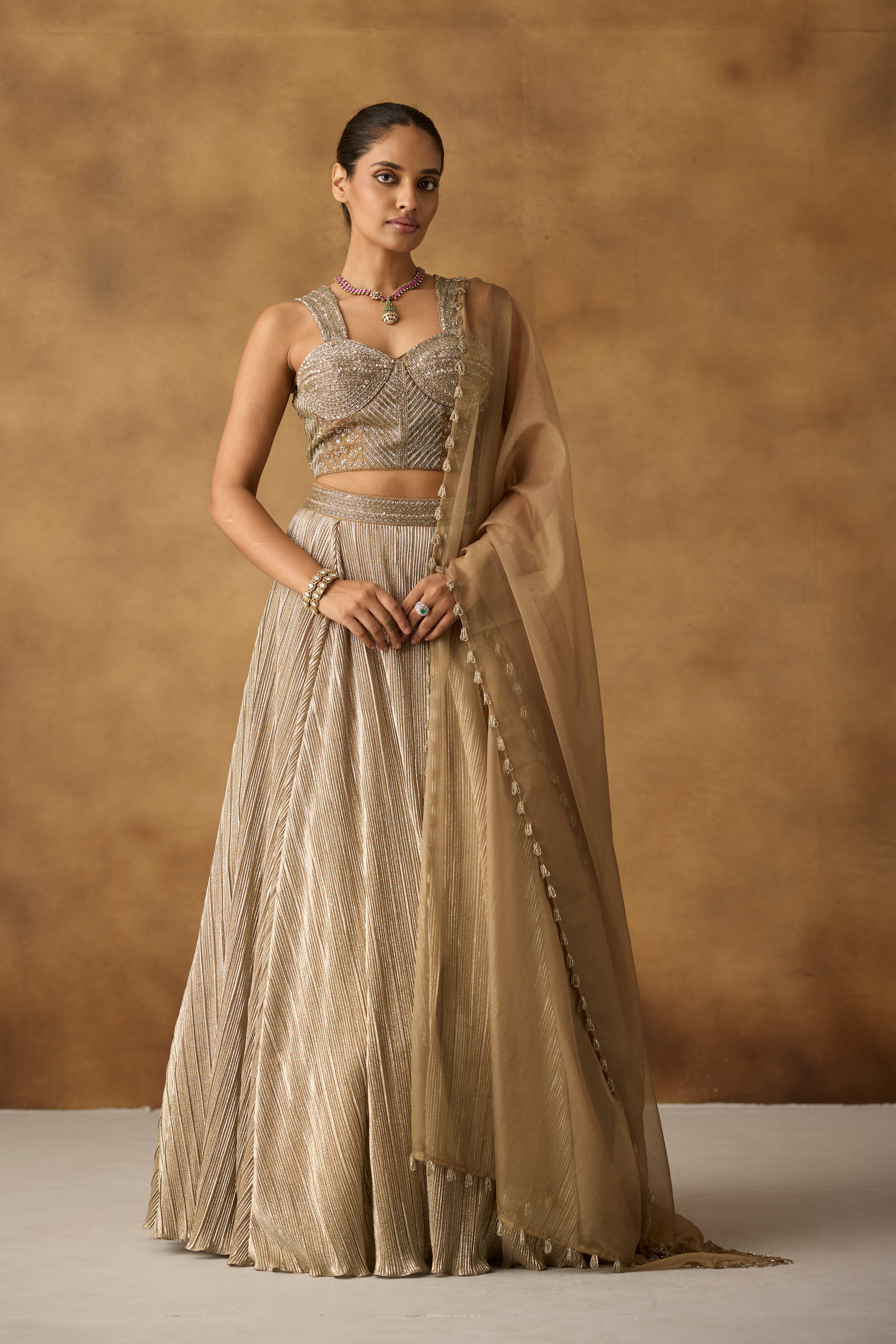 Metallic Gold Embellished Chanderi Silk Lehenga Set