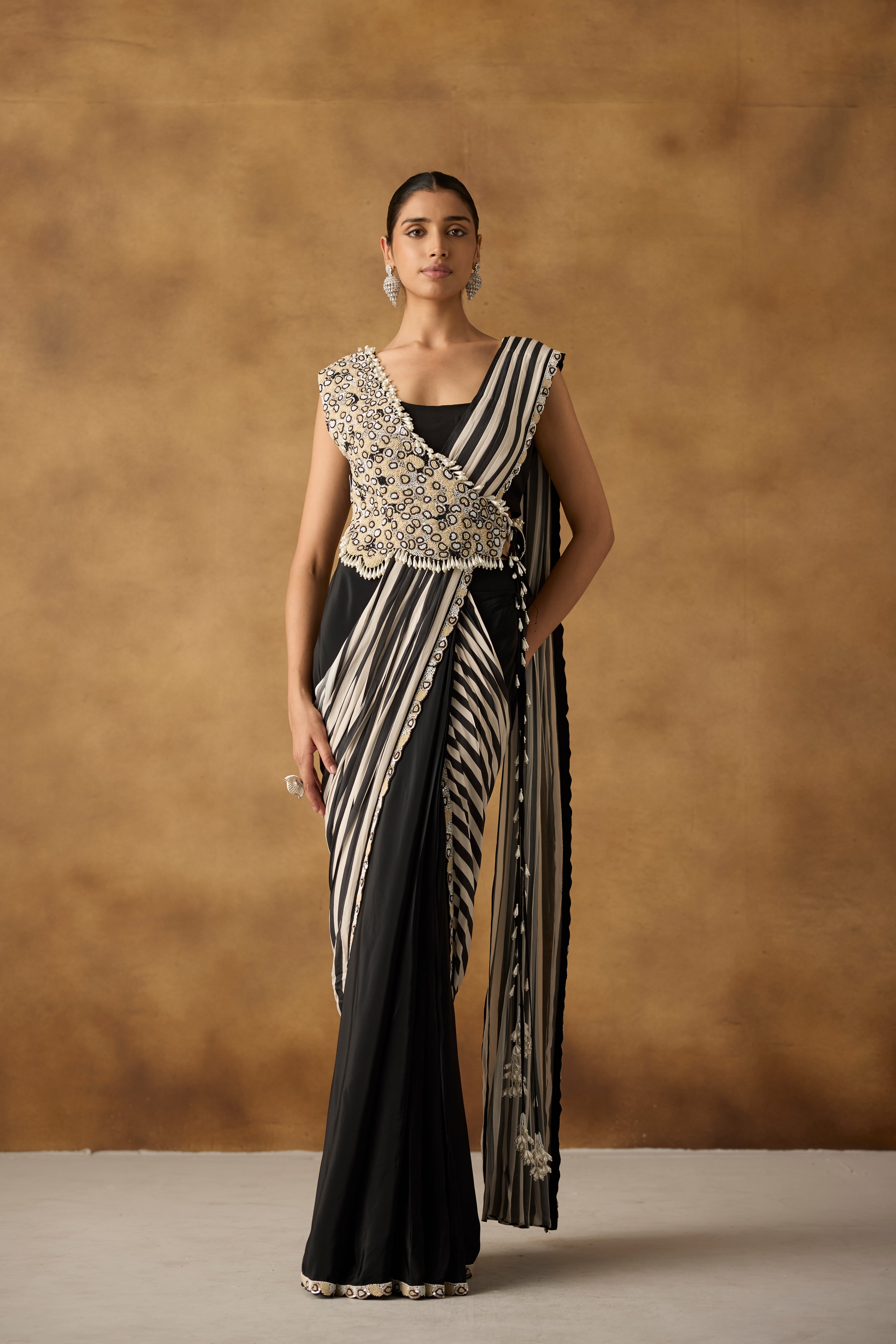 Raven Black Embellished Satin Silk Drape Skirt Saree