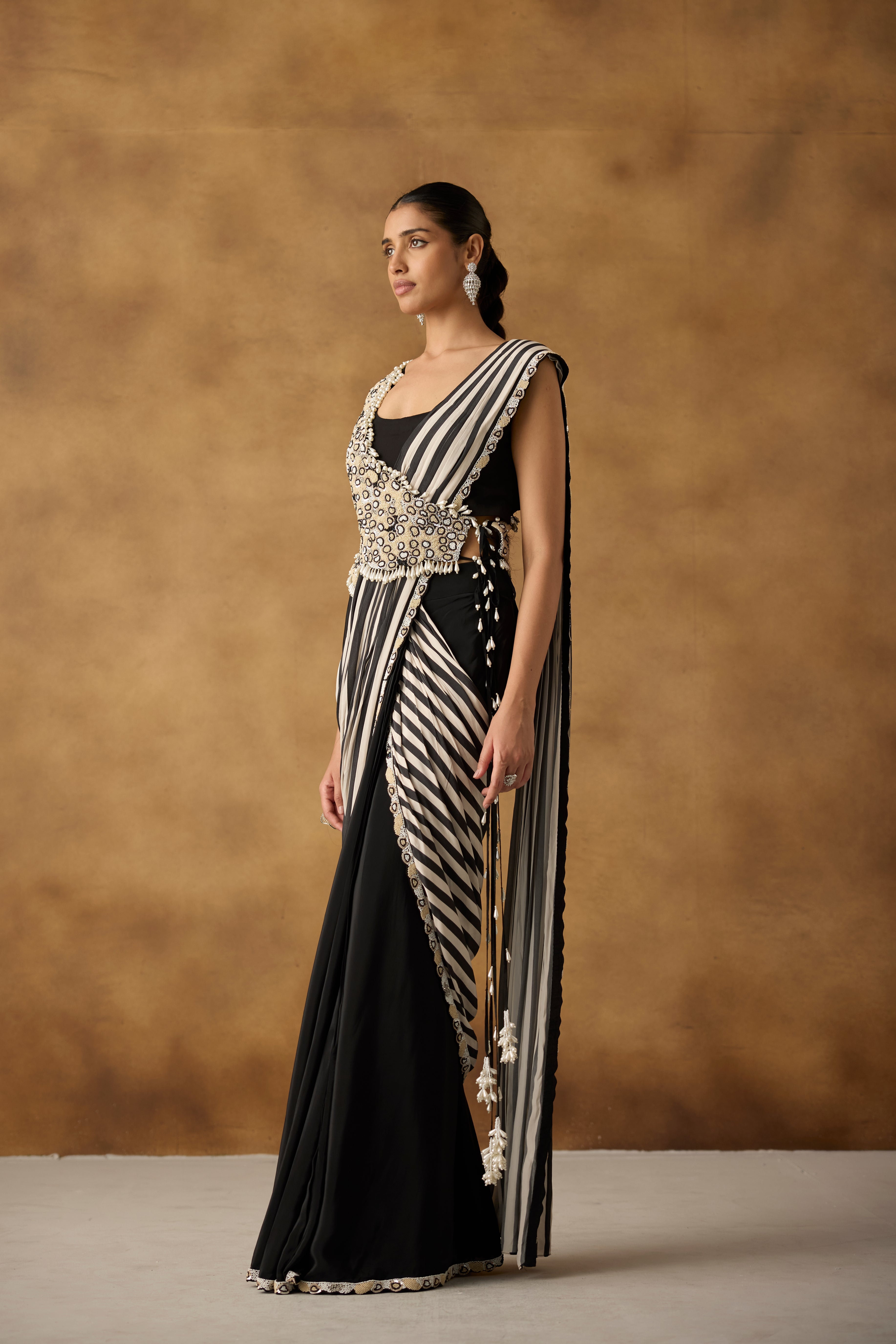 Raven Black Embellished Satin Silk Drape Skirt Saree