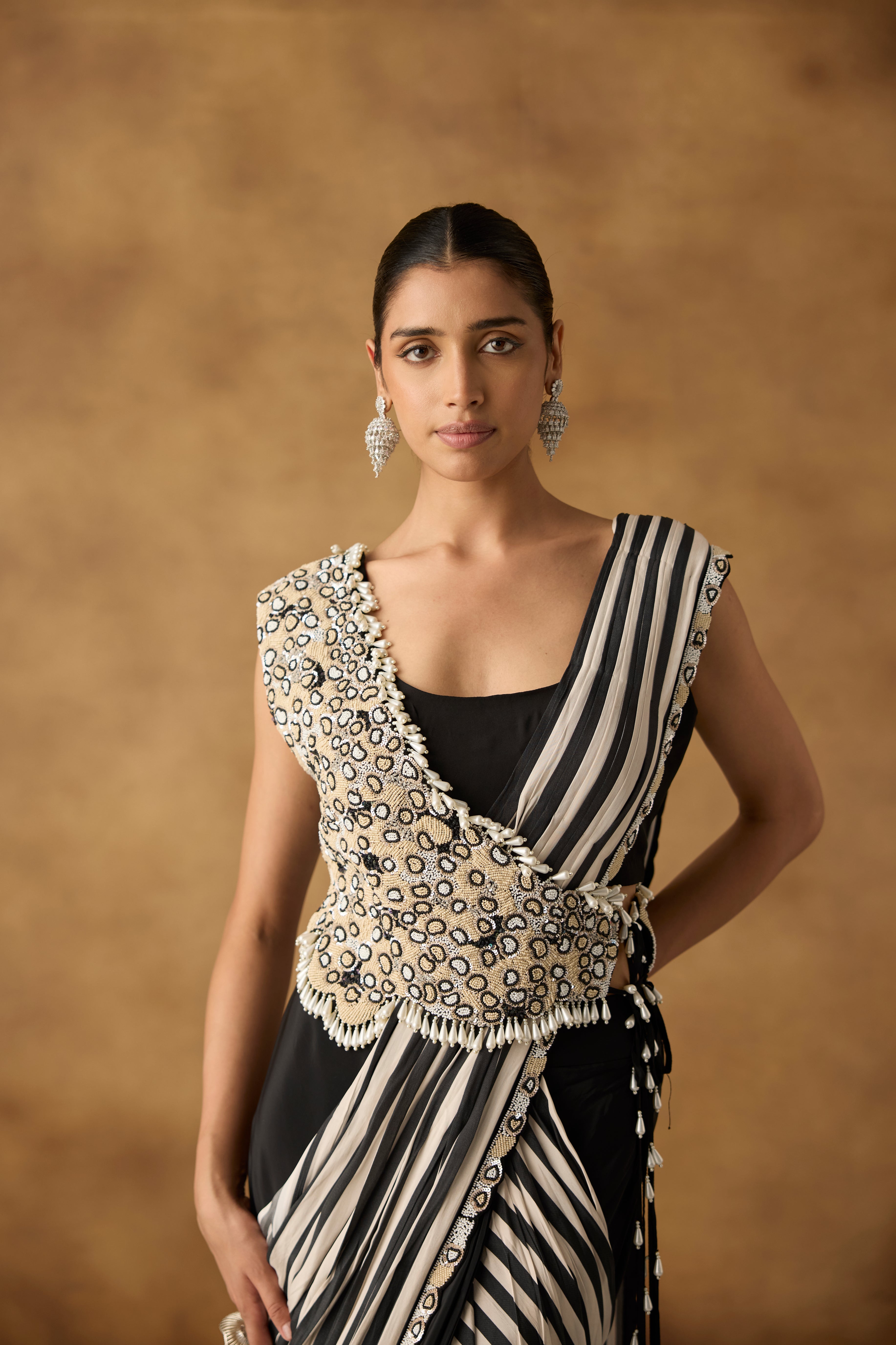 Raven Black Embellished Satin Silk Drape Skirt Saree