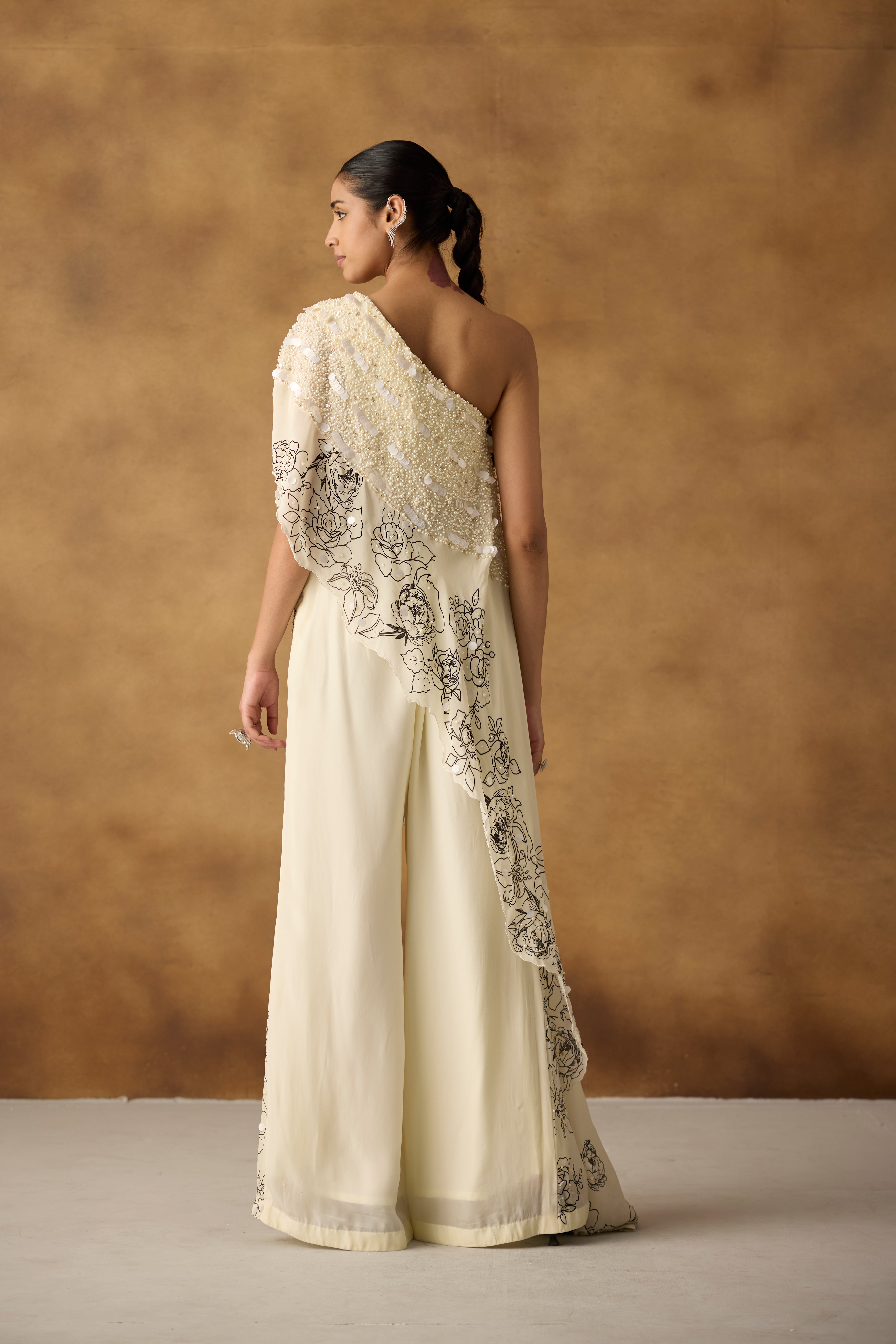 Chic White Embellished One-Shoulder Palazzo Set