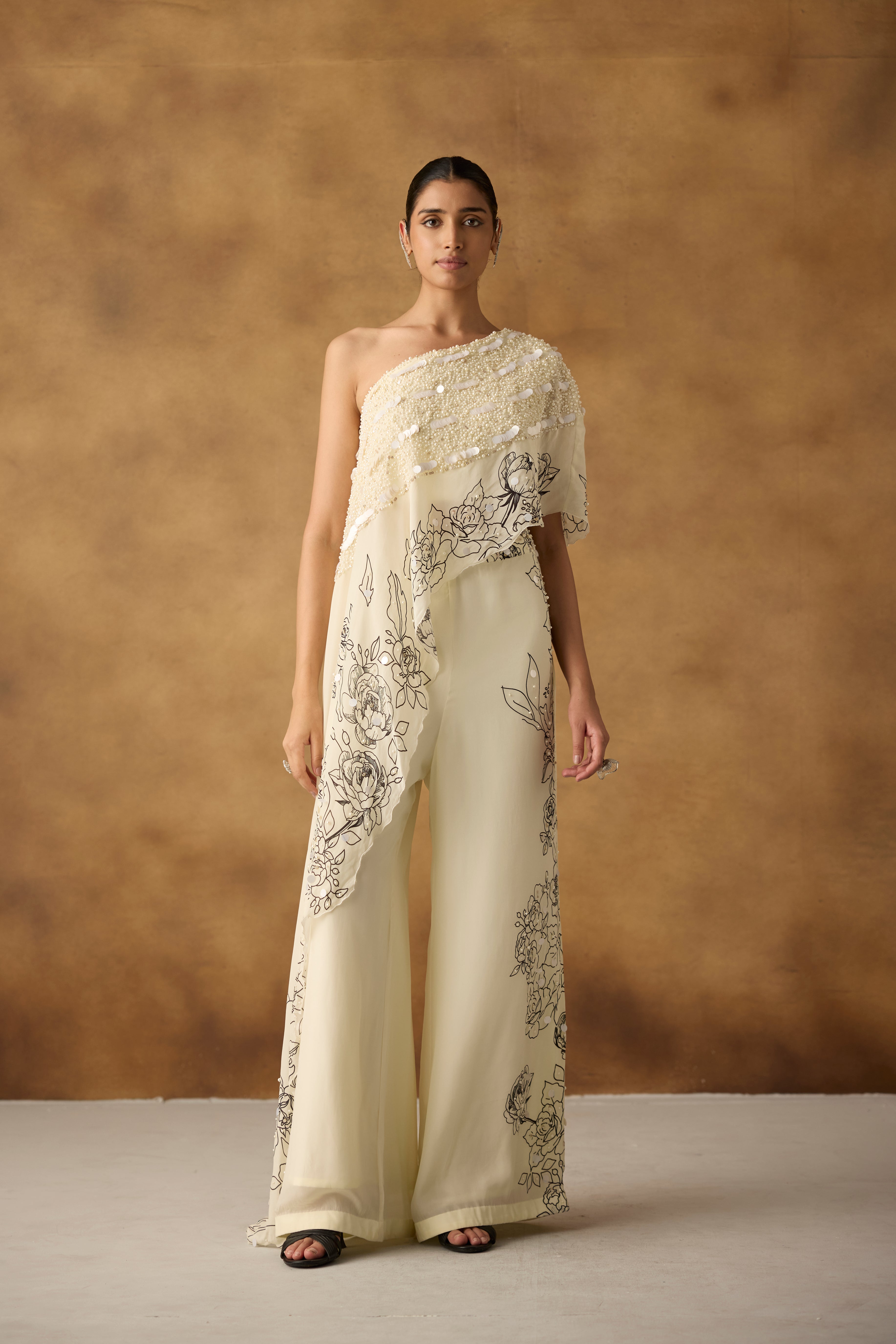 Chic White Embellished One-Shoulder Palazzo Set