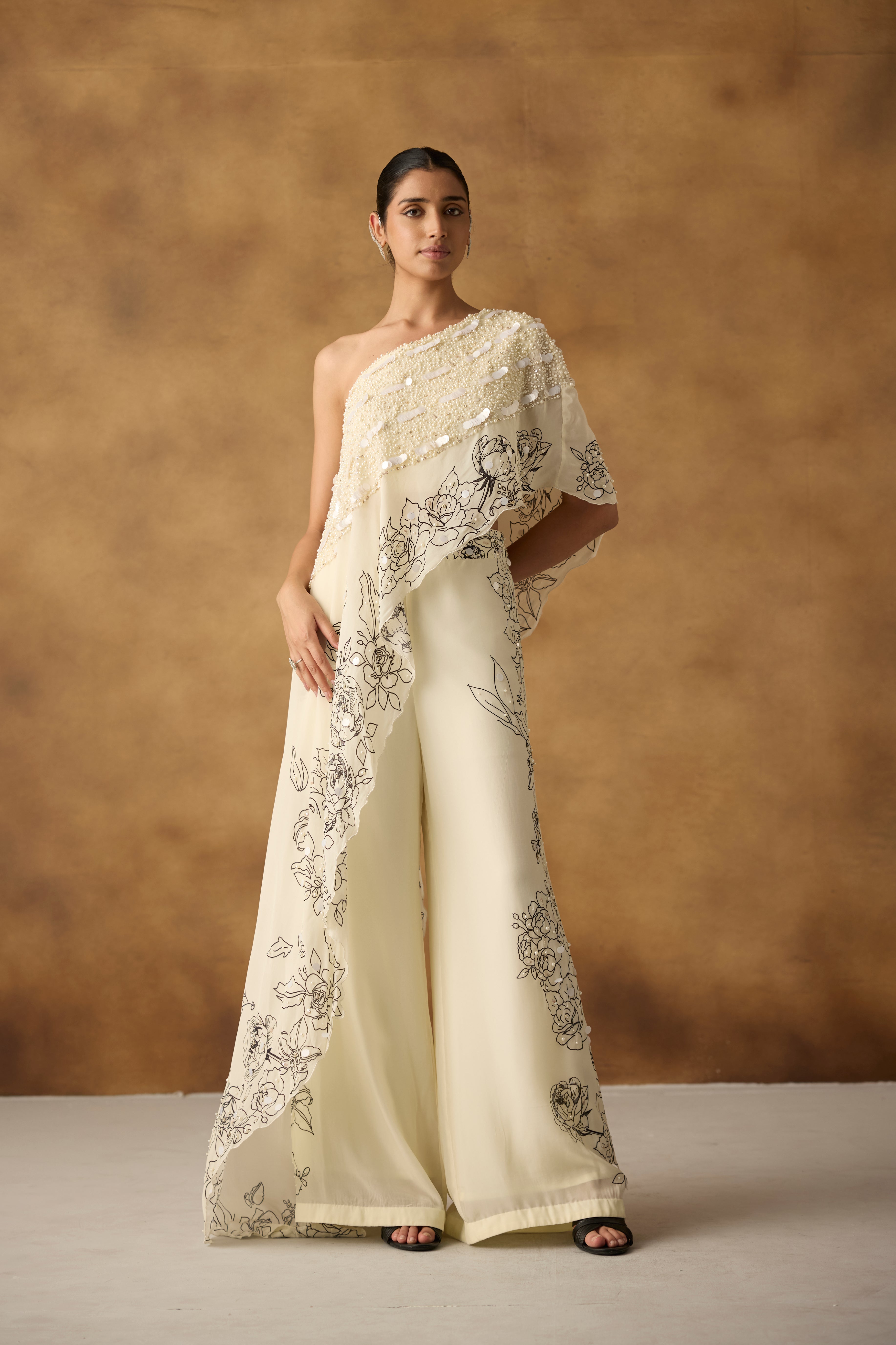 Chic White Embellished One-Shoulder Palazzo Set