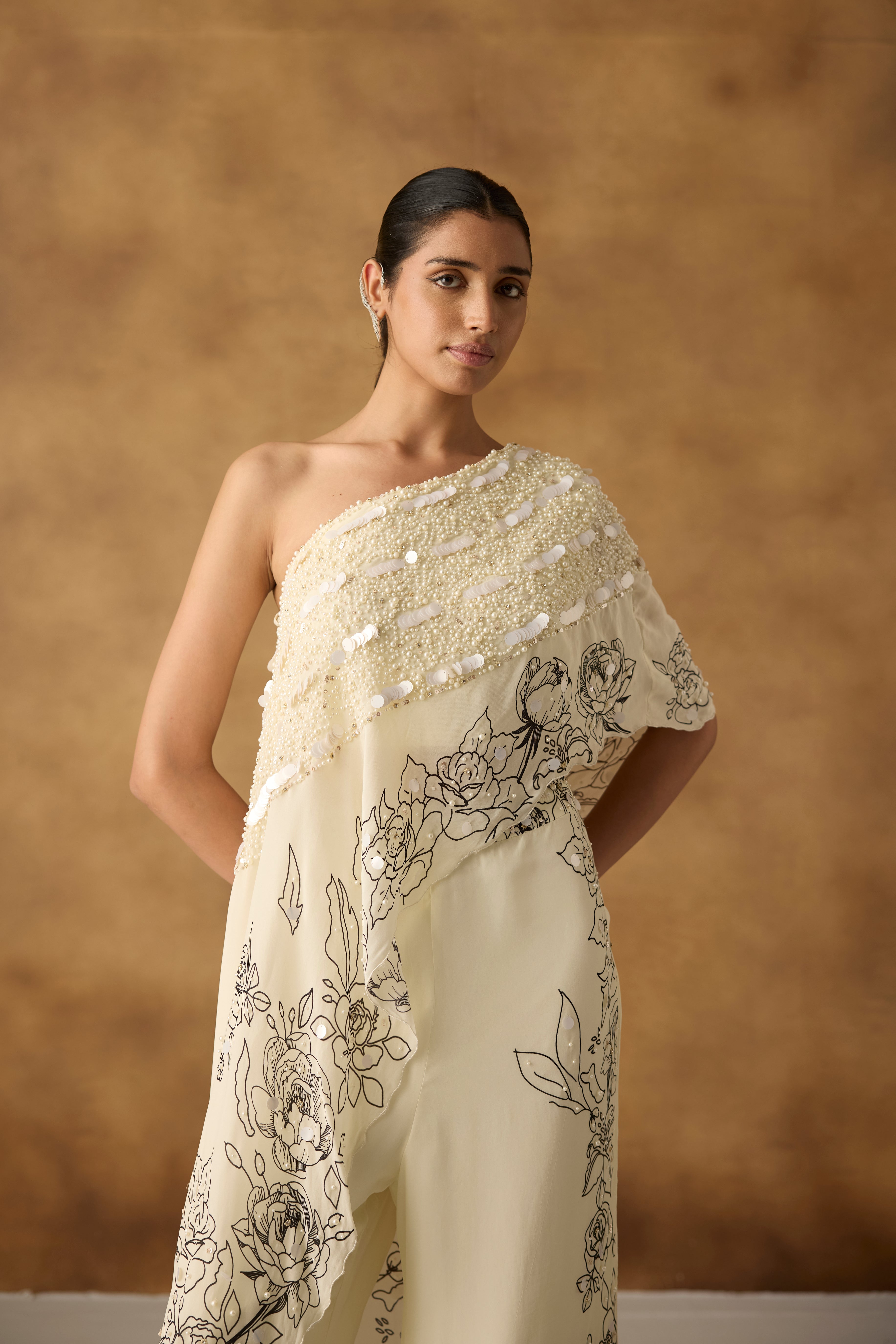 Chic White Embellished One-Shoulder Palazzo Set