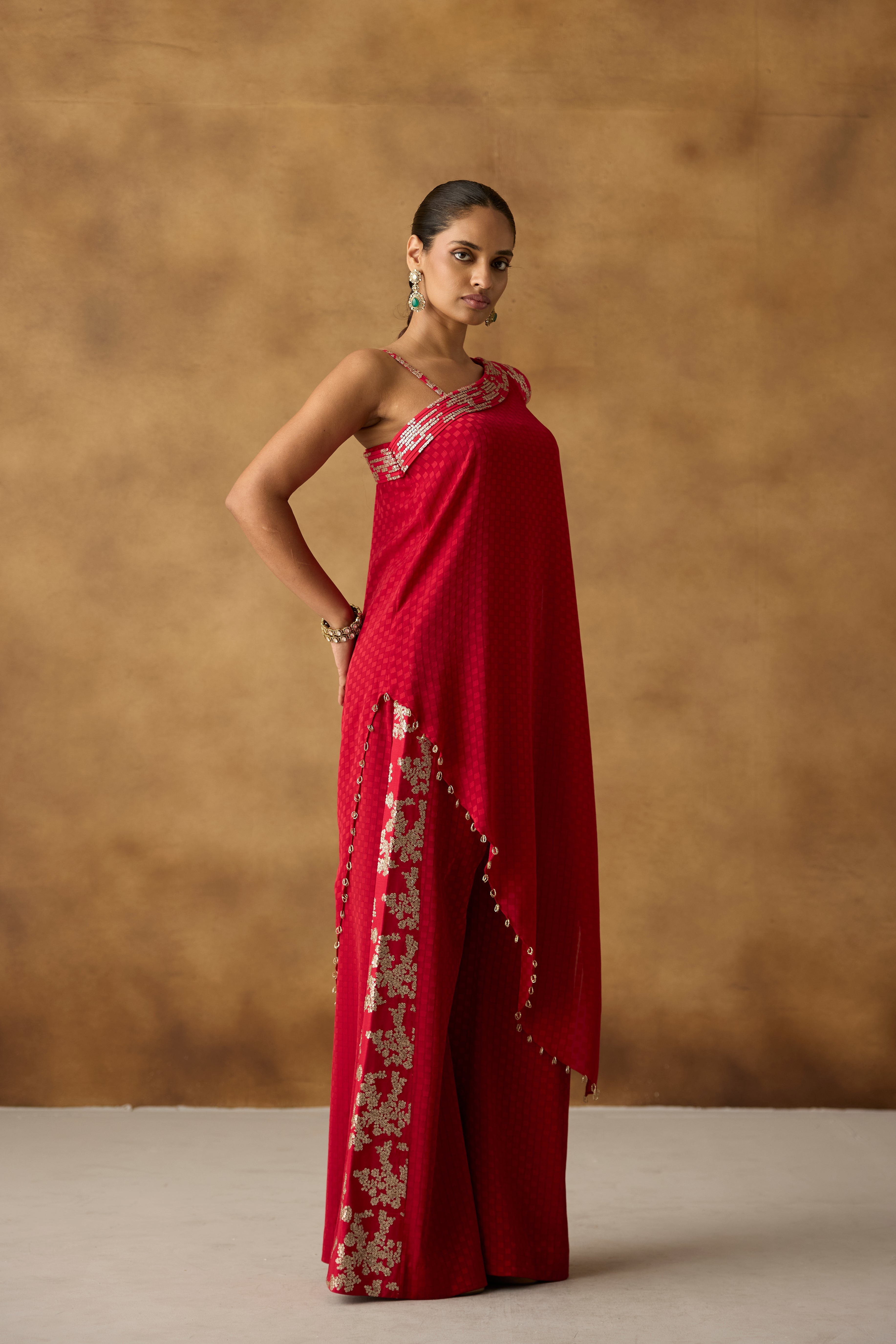 Crimson Red Embellished Georgette Silk Palazzo Set