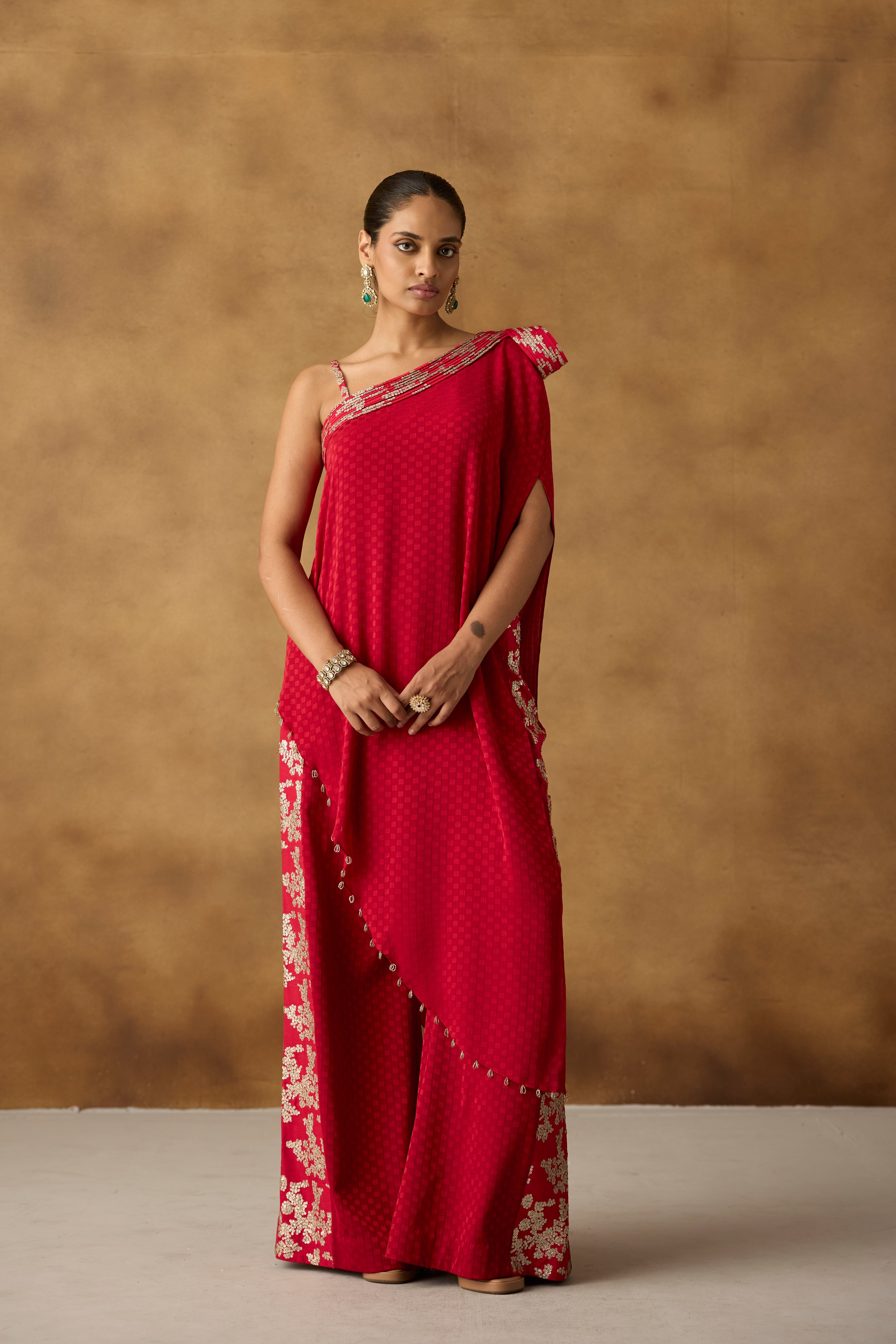 Crimson Red Embellished Georgette Silk Palazzo Set