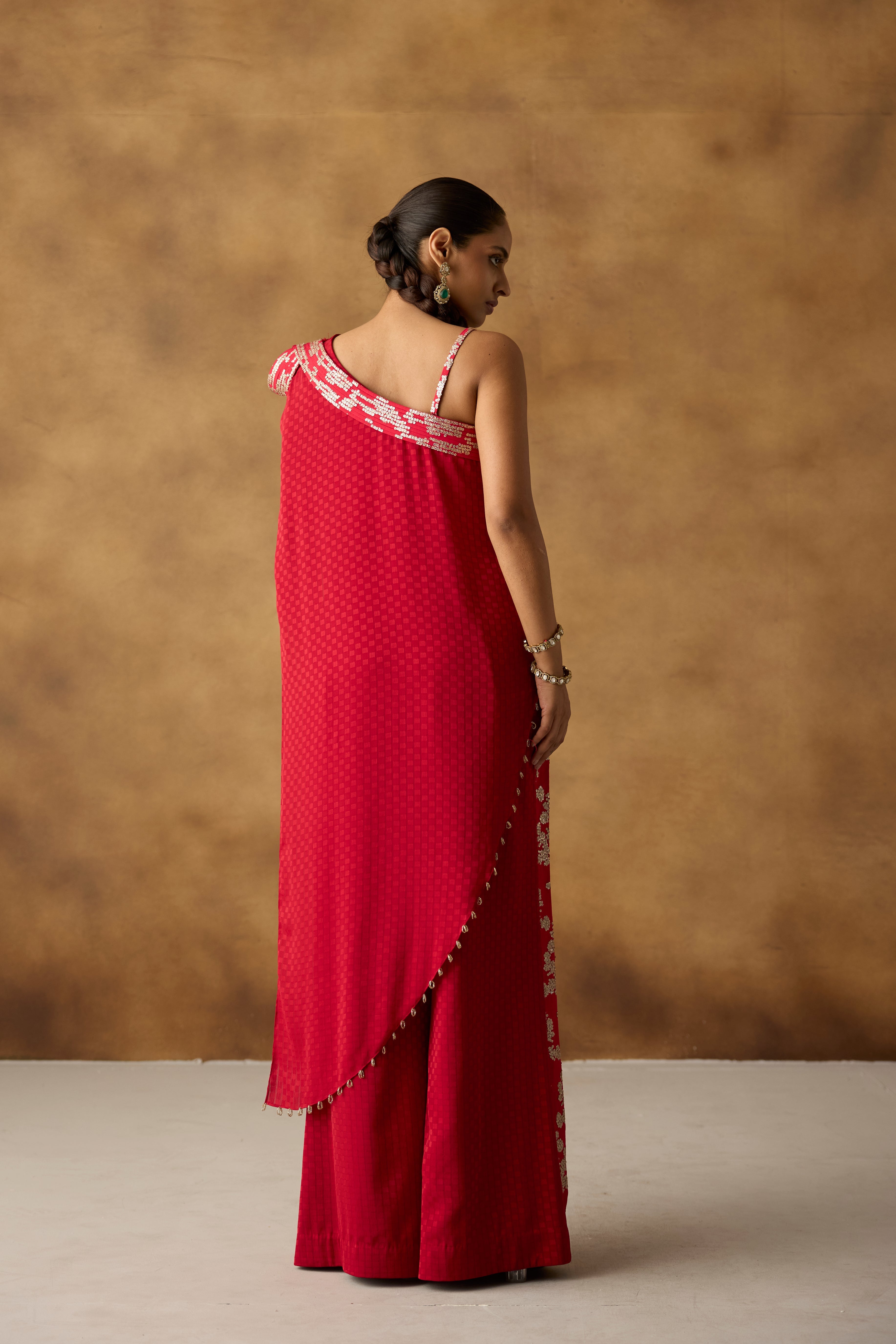 Crimson Red Embellished Georgette Silk Palazzo Set