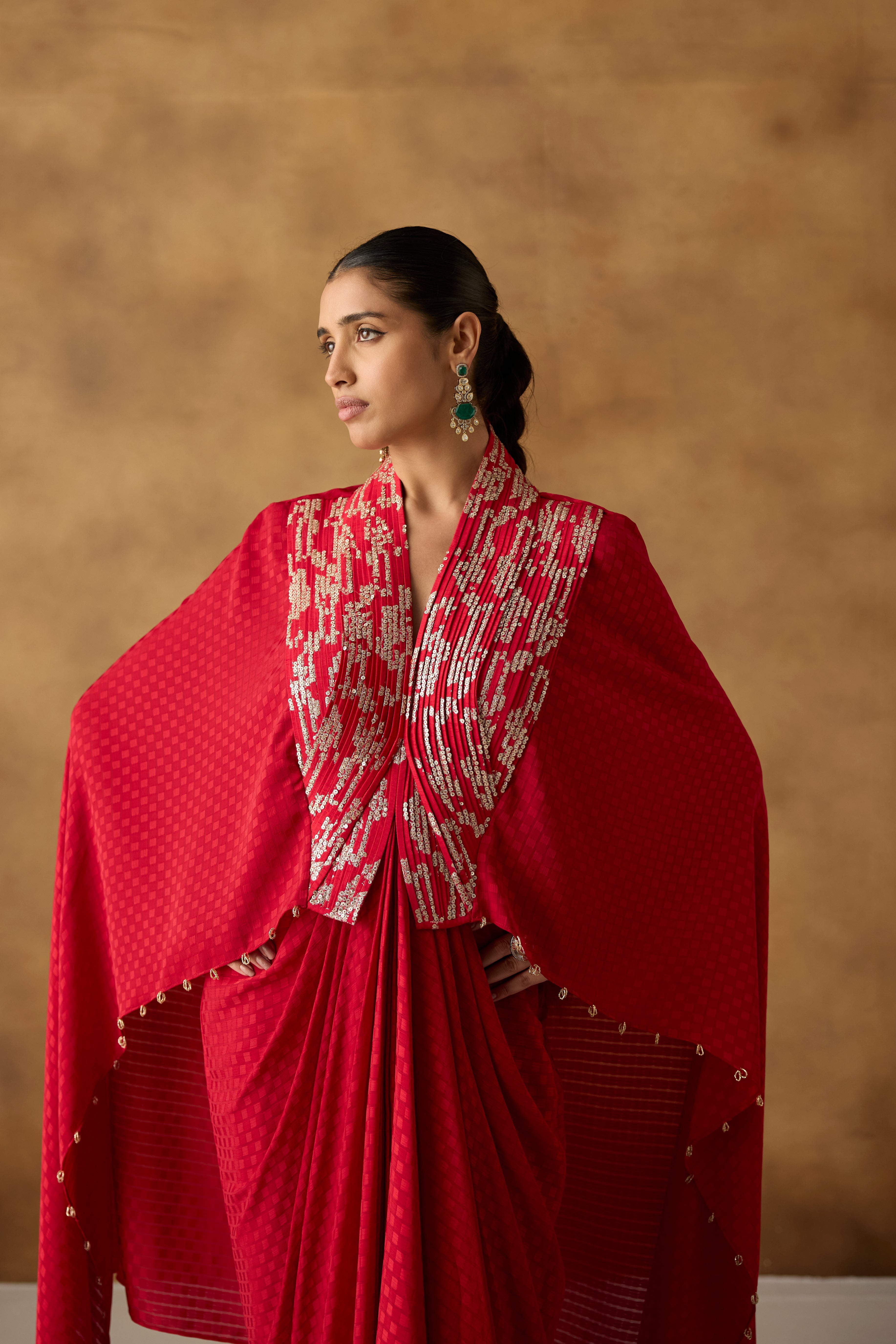Deep Red Embellished Georgette Silk Kaftan Dress