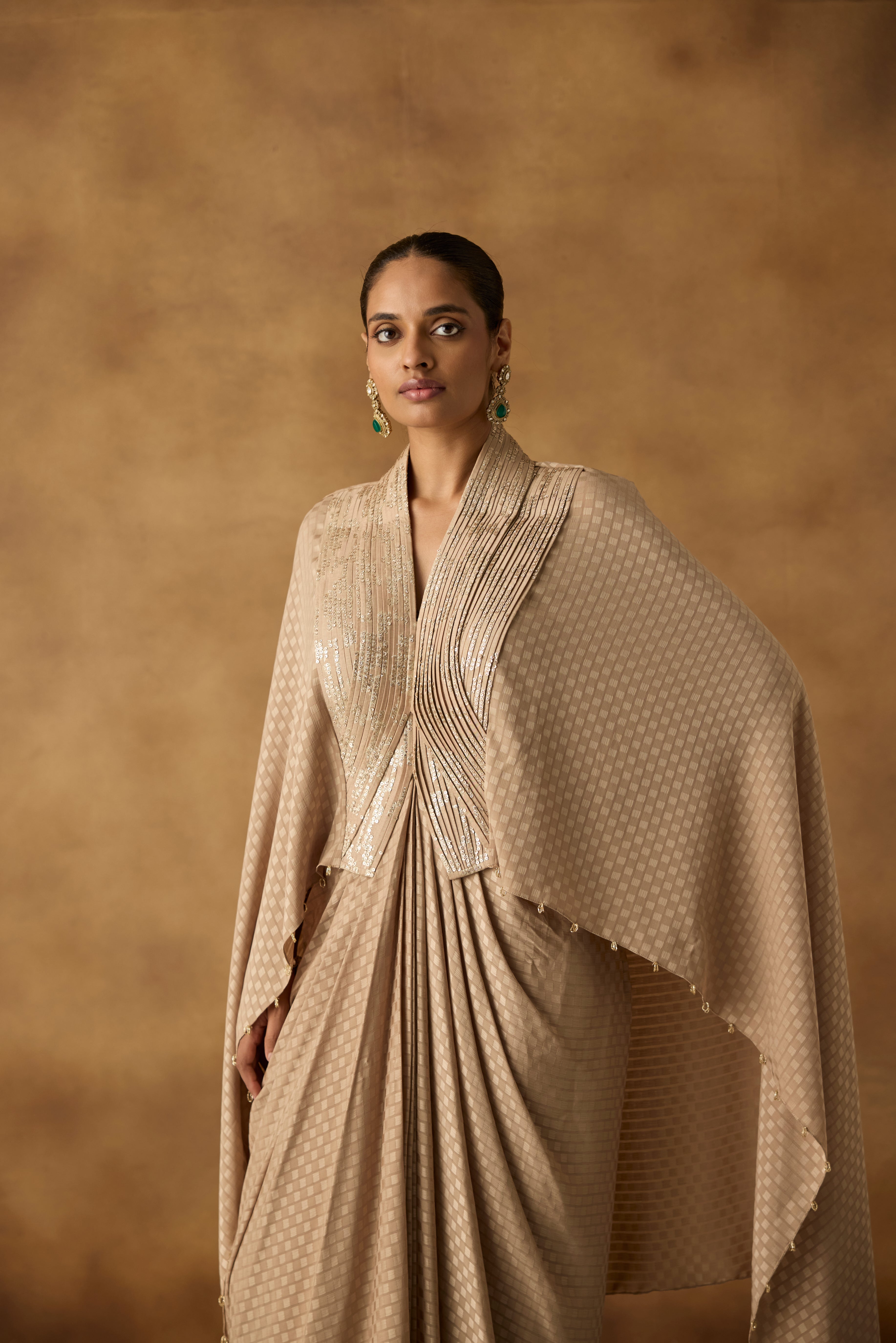 Beige Isla Embellished Georgette Silk Kaftan Dress