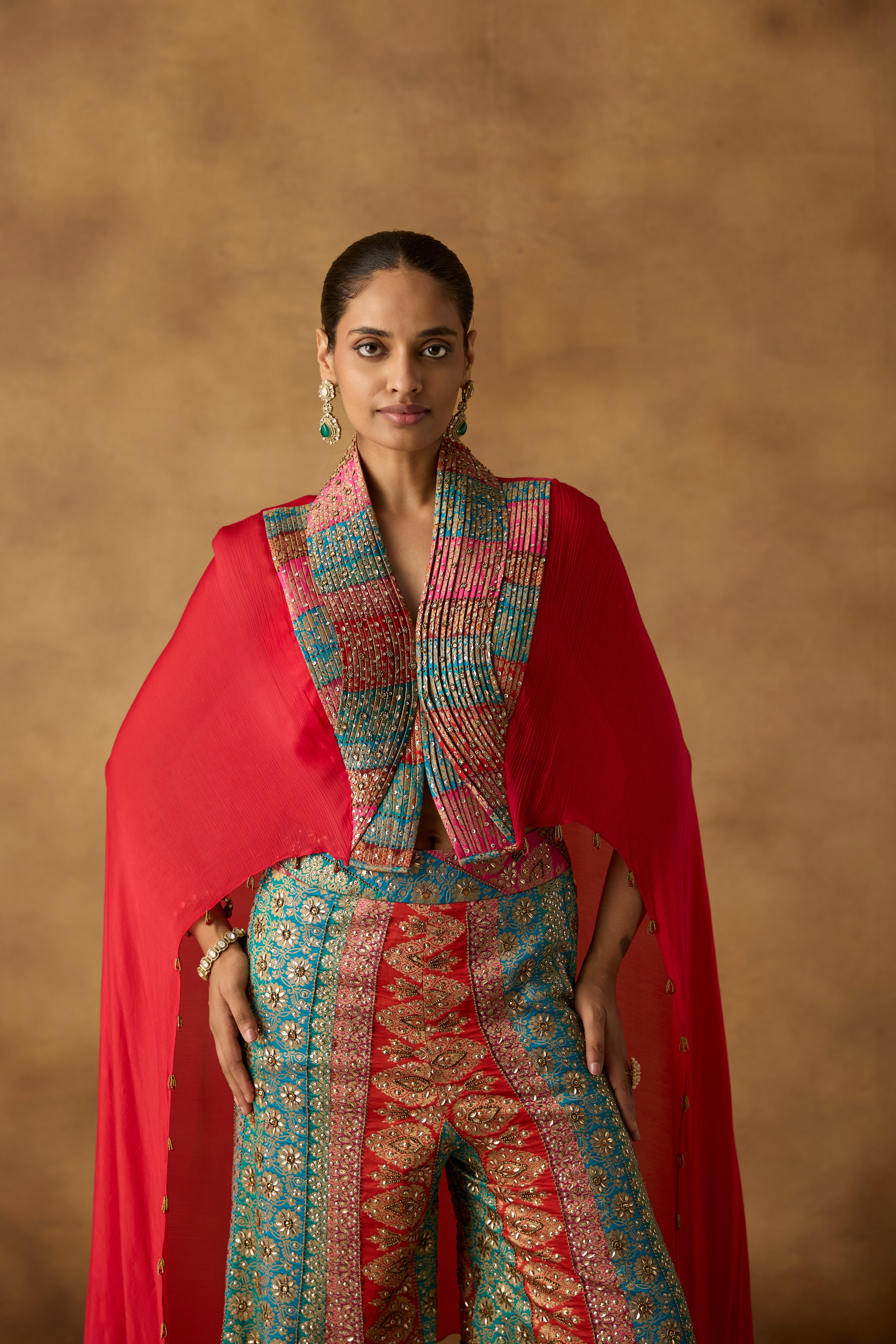 Vibrant Red Embellished Chinon Silk Co-Ord Set