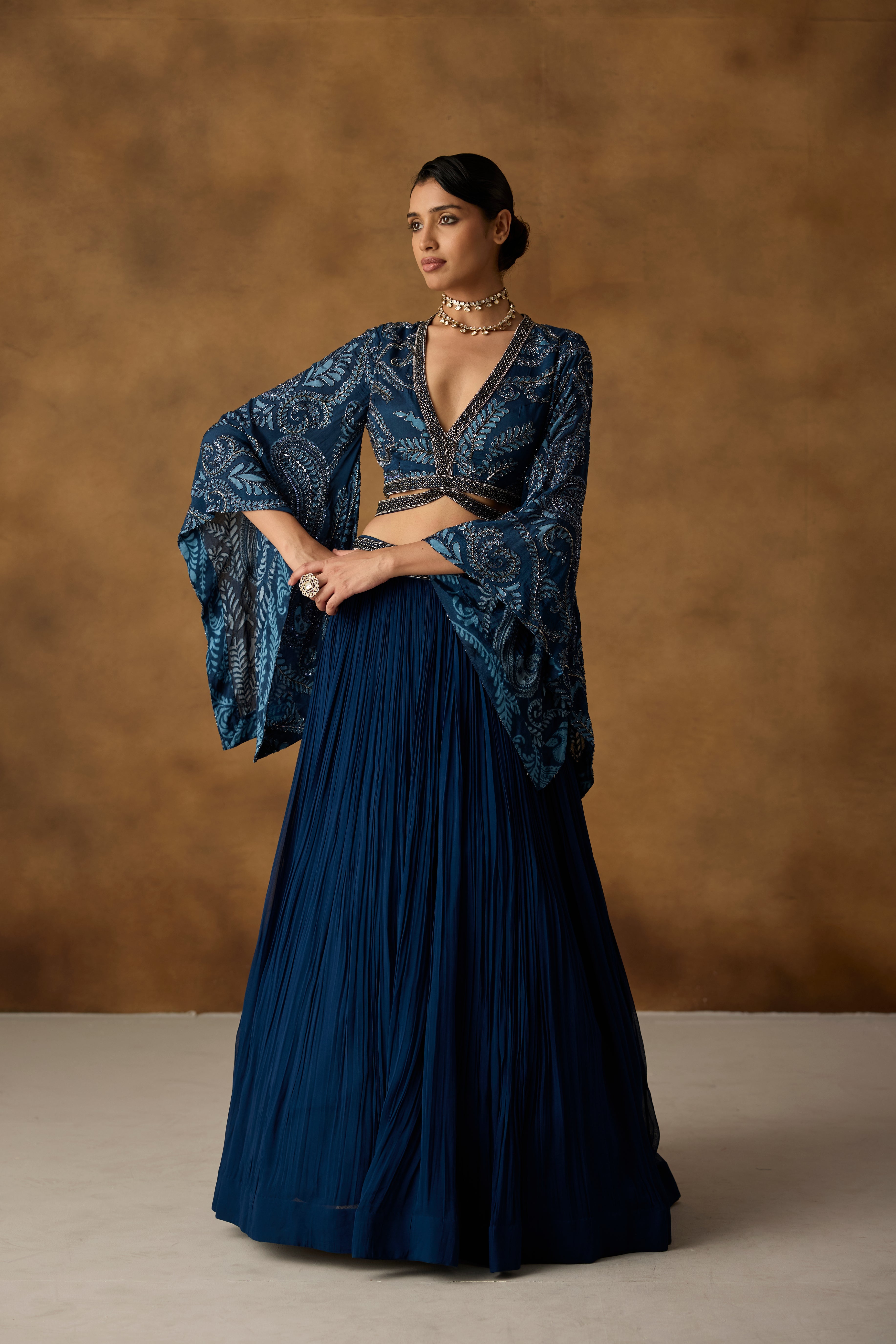 Sapphire Blue Embellished Georgette Silk Skirt Set